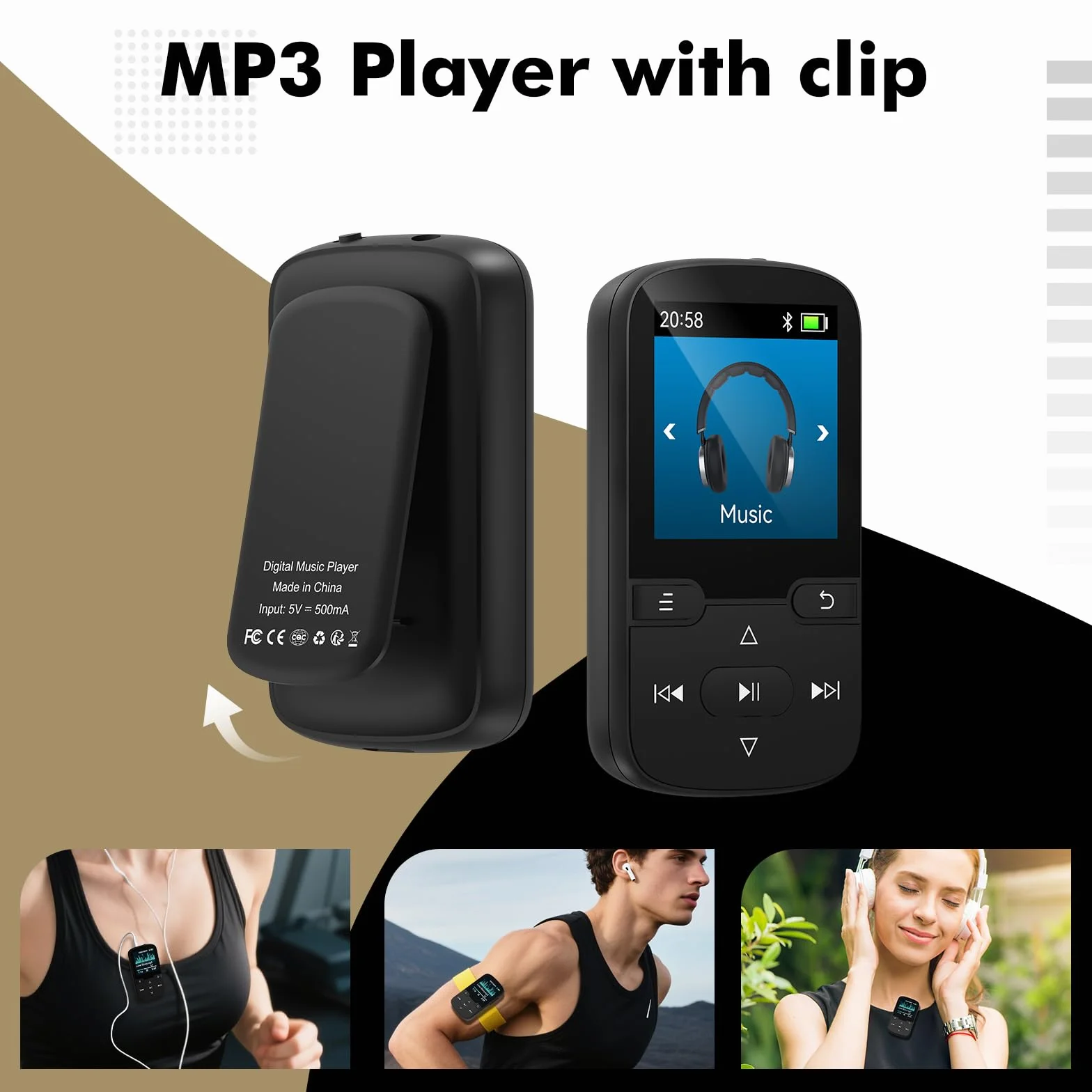 Reproductor MP3 Bluetooth 5.3 con Clip, Radio FM, Grabadora de Voz, 64GB, Deportes