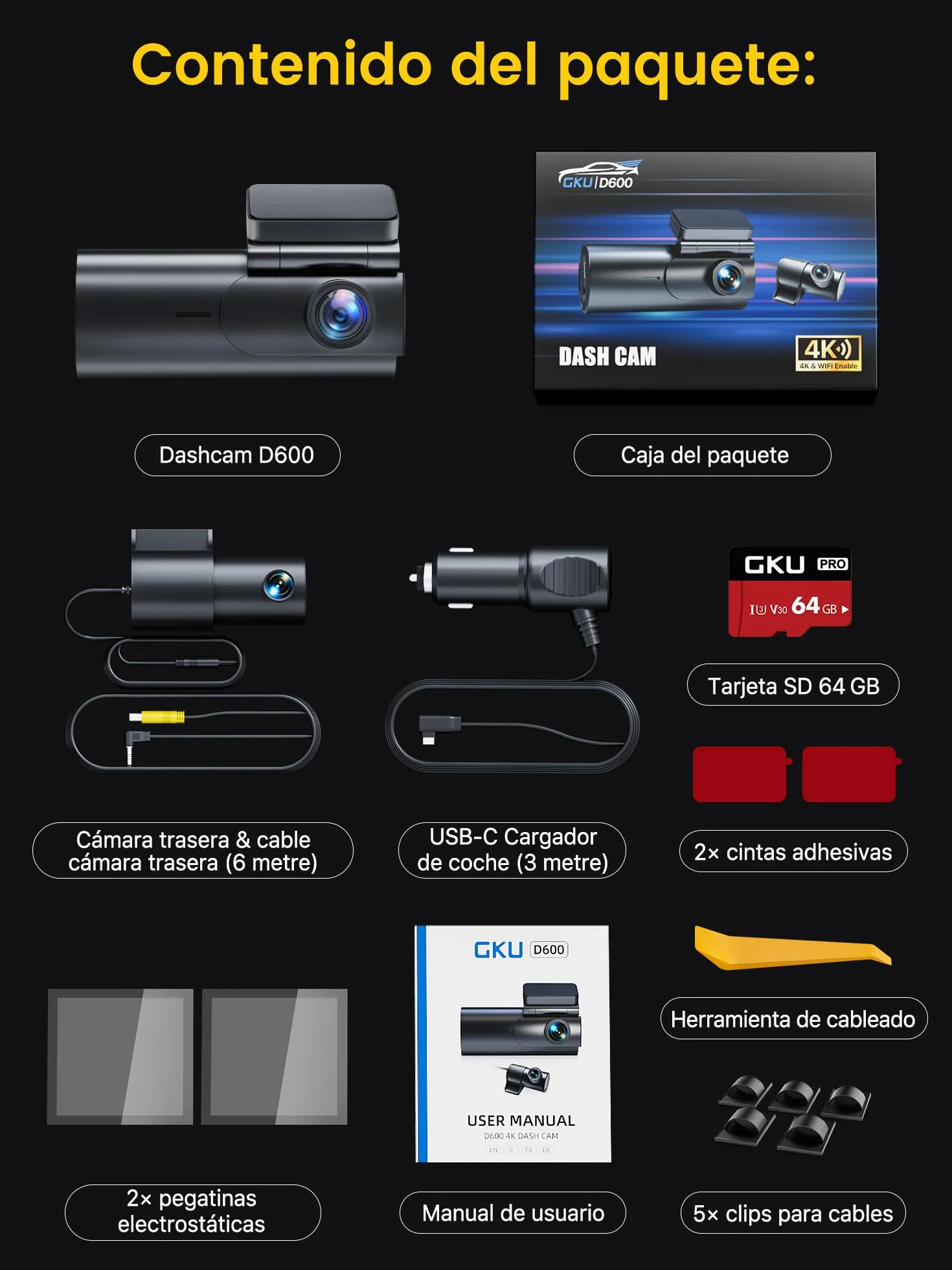 GKU Dashcam Cámara Coche 4K+1080P, 5GHz WiFi Dash CAM Coche con Tarjeta SD de 64GB,Camara Coche Grabadora,170° Gran Angular,Visión Nocturn,WDR,Sensor G,Monitor de Aparcamiento