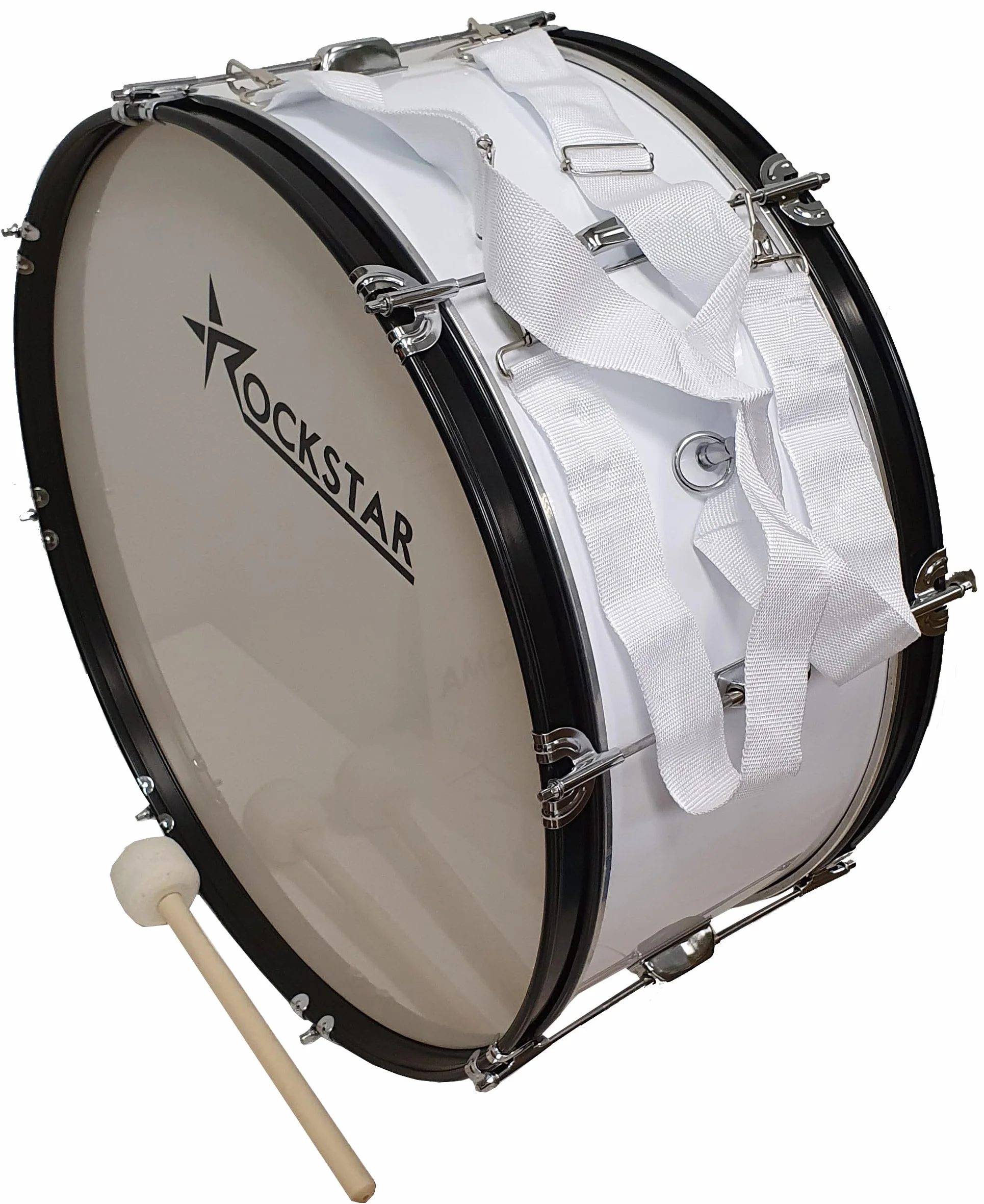 ROCKSTAR - Bombo Banda Charanga y Animación Futbol B1071 25"x 10" (63cm x 25cm), Maza y Correas Cruzadas, Color Blanco