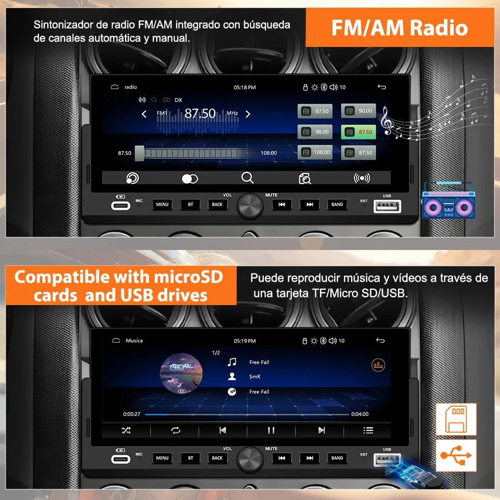 AWESAFE 6.86 Pulgadas 1 DIN Radio Coche Universal con Pantalla Táctil, con CarPlay/AndroidAuto/Admite Carga Type-C/USB/Micrófono/FM/EQ/WiFi/GPS/Bluetooth/USB/SWC y Cámara Trasera