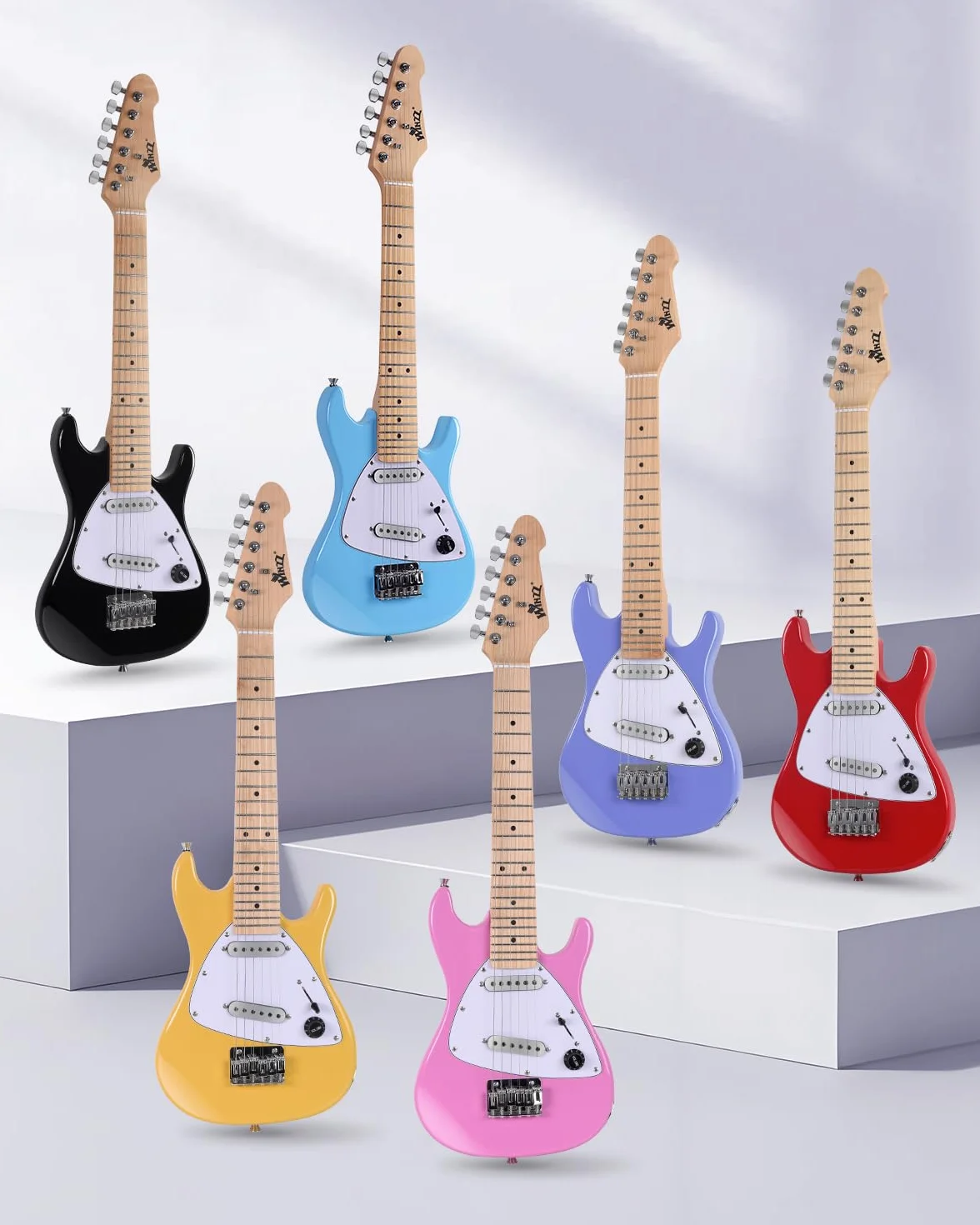 WINZZ - Kit de guitarra eléctrica para niños de 30 pulgadas, para principiantes, guitarra eléctrica mini de tamaño 1/4, conjunto completo de iniciación con amplificador, color rojo brillante