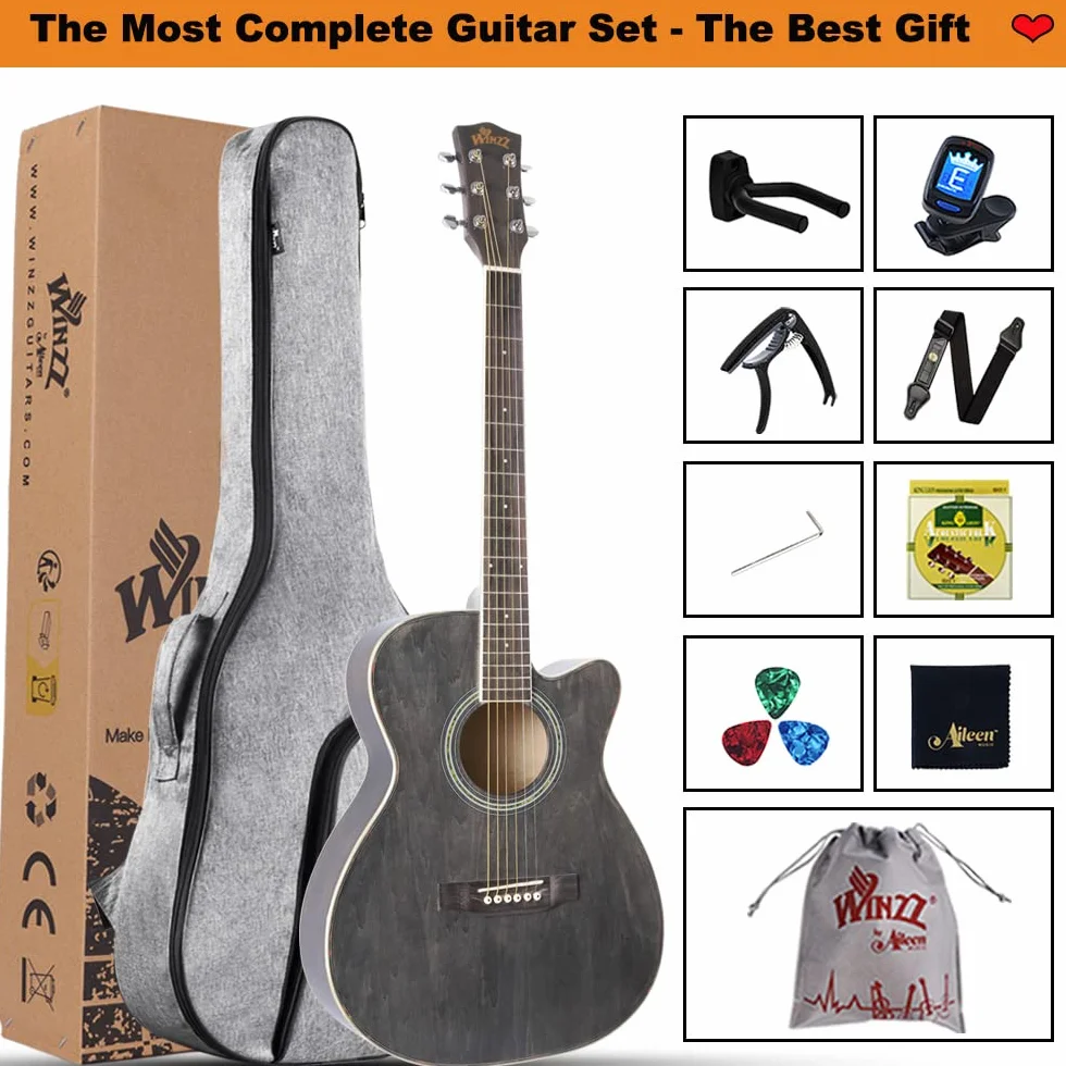 Winzz Guitarra Folk para Niños 36 Pulgadas, Tamaño 3/4 Guitarra Acústica Negro-gris Kit para Principiantes