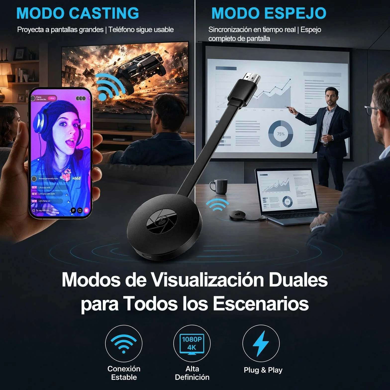 Adaptador De Pantalla Inalámbrico, 1080P para TV Proyector Monitor Receptor Duplicacion Pantalla Miracast Airplay Dlna Streaming iPhone Android PC No Google/Netflix (Menu En Español)