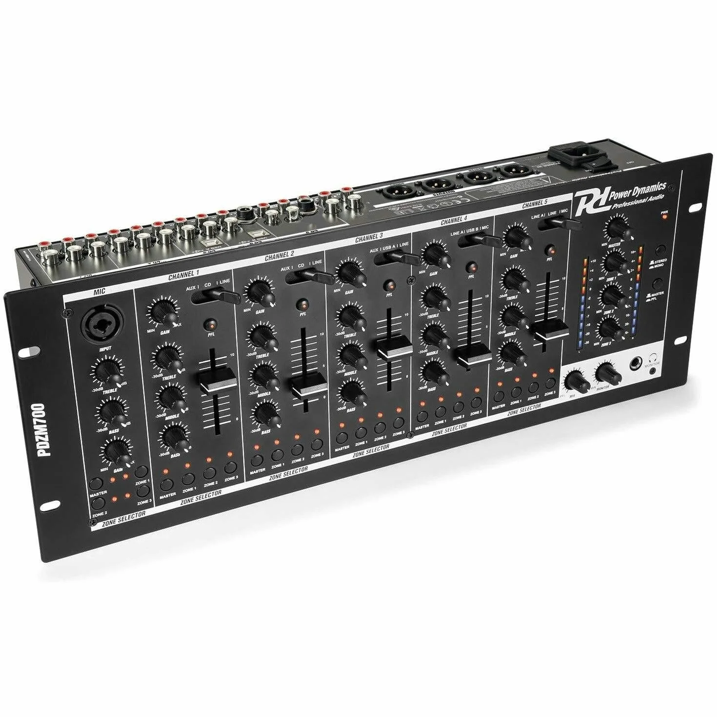 Power Dynamics PDZM700 Mixer de 6 canales, 2 conexiónes usb Tipo B para ordenador, ecualizador gráfico de 3 bandas en cada canal, canal especifico para micrófono, diseñado para montaje en rack