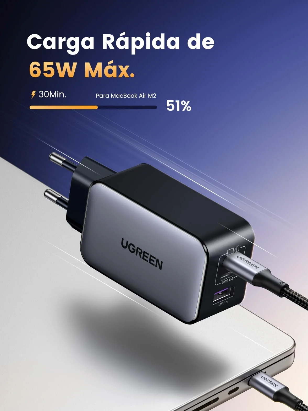 UGREEN Nexode 65W Cargador USB C 3 Puertos Carga Rápida Tipo C Gris