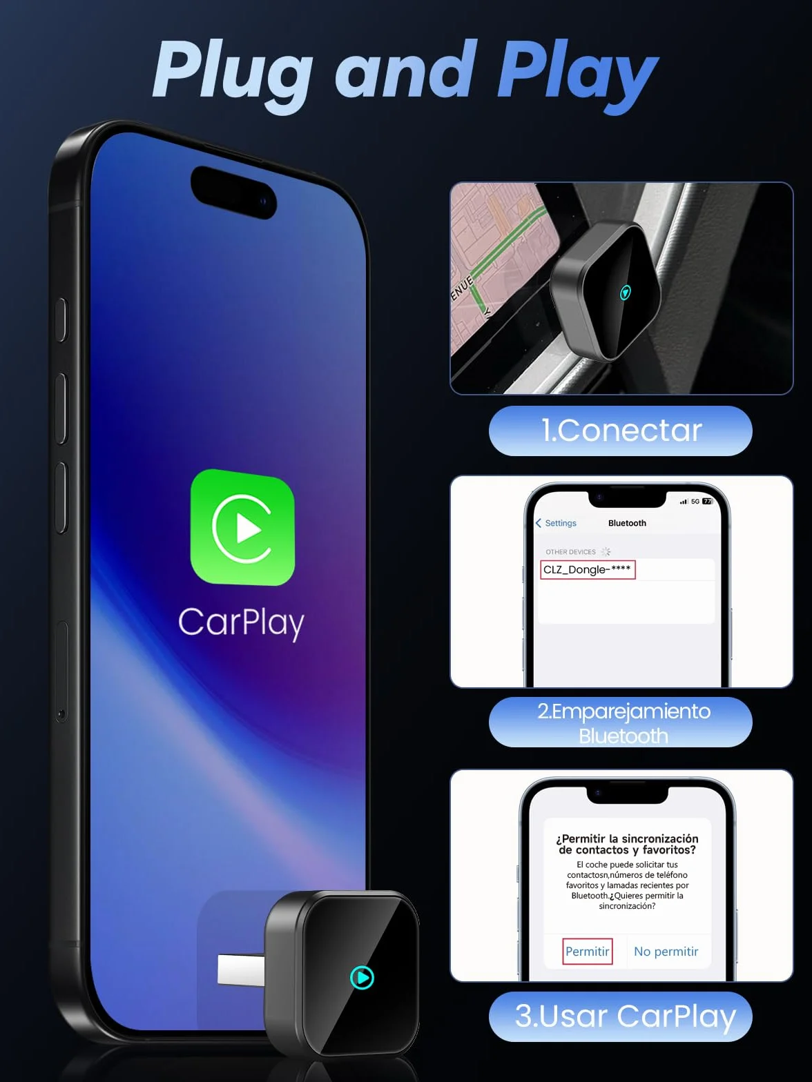 H3 Adaptador CarPlay Inalámbrico para iPhone - Convertidor de Cableado a Inalámbrico, Plug and Play USB-A/Type-C, Compatible con Coches Desde 2016 e iOS 10+