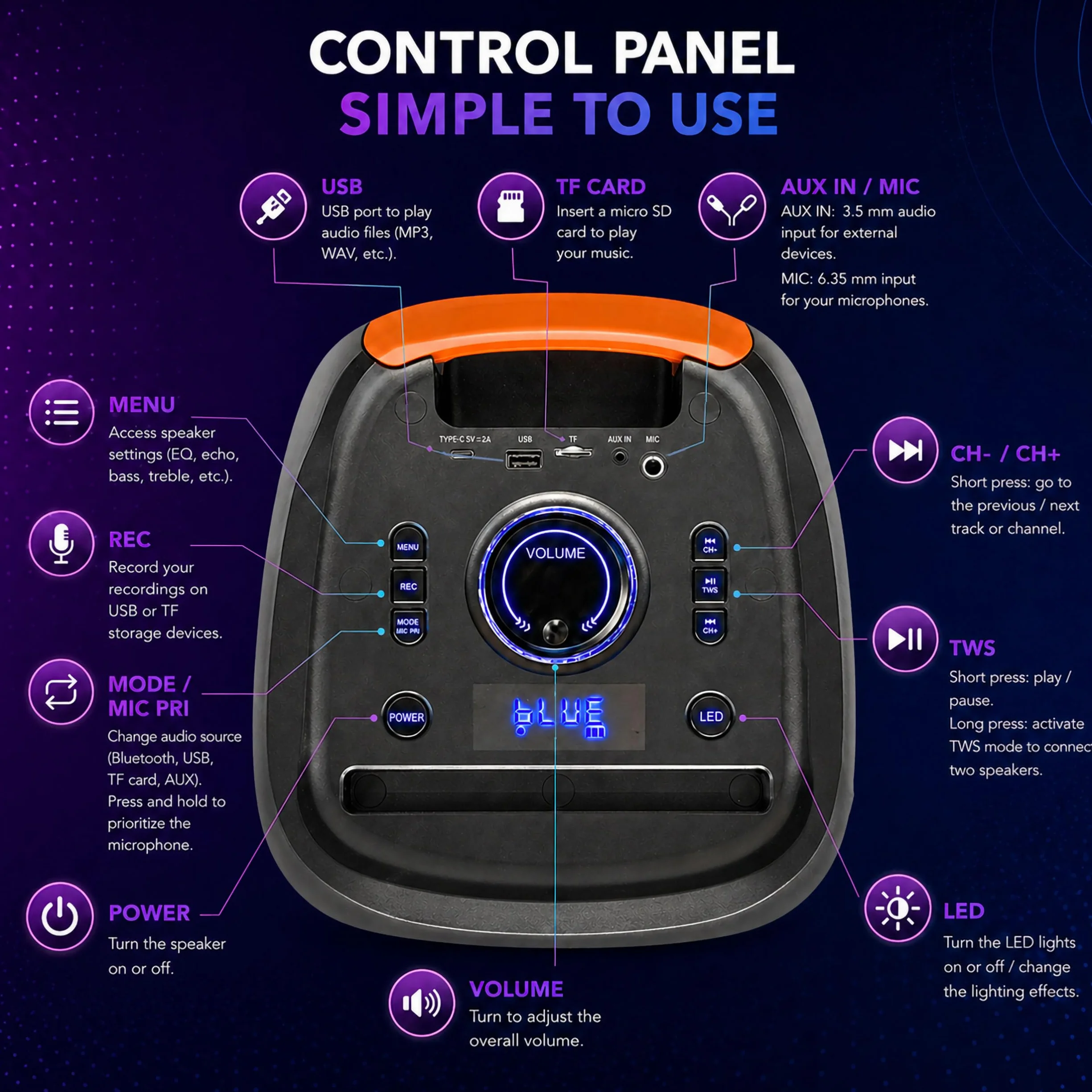 Ibiza ERIS400 Altavoz Bluetooth portátil con batería y LED – 2 woofers iluminados – TWS – USB, MicroSD, AUX – Micrófono con Cable Incluido – Trolley, Ruedas – Ideal para Fiestas y Karaoke