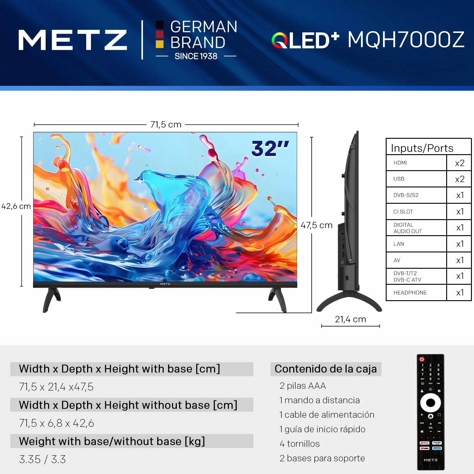 Metz TV 32 Pulgadas Smart TV, Televisor 32” QLED, HDR10, Dolby Audio, Chromecast Integrado, WiFi, Bluetooth 5.1, HDMI 2.1, DVB-T2/S2/C, Ci+, 32MQH7000Z (Modelo 2026)