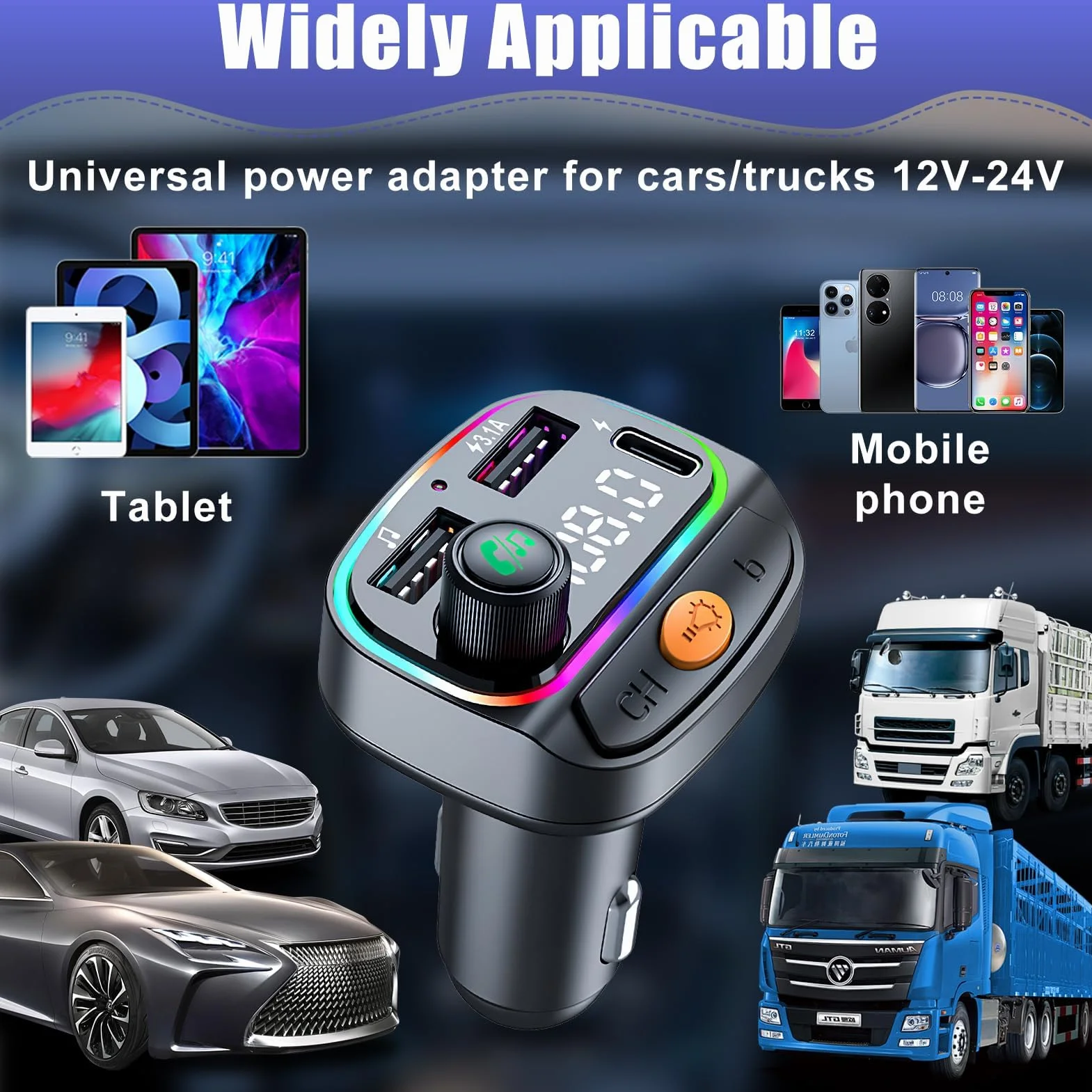 Transmisor FM Bluetooth Coche, Adaptador Bluetooth Radio Coche, Manos Libres, Radio Inalámbrica 5.0, Reproductor MP3, Soporte de Graves Hi-Fi, con luz Ambiental