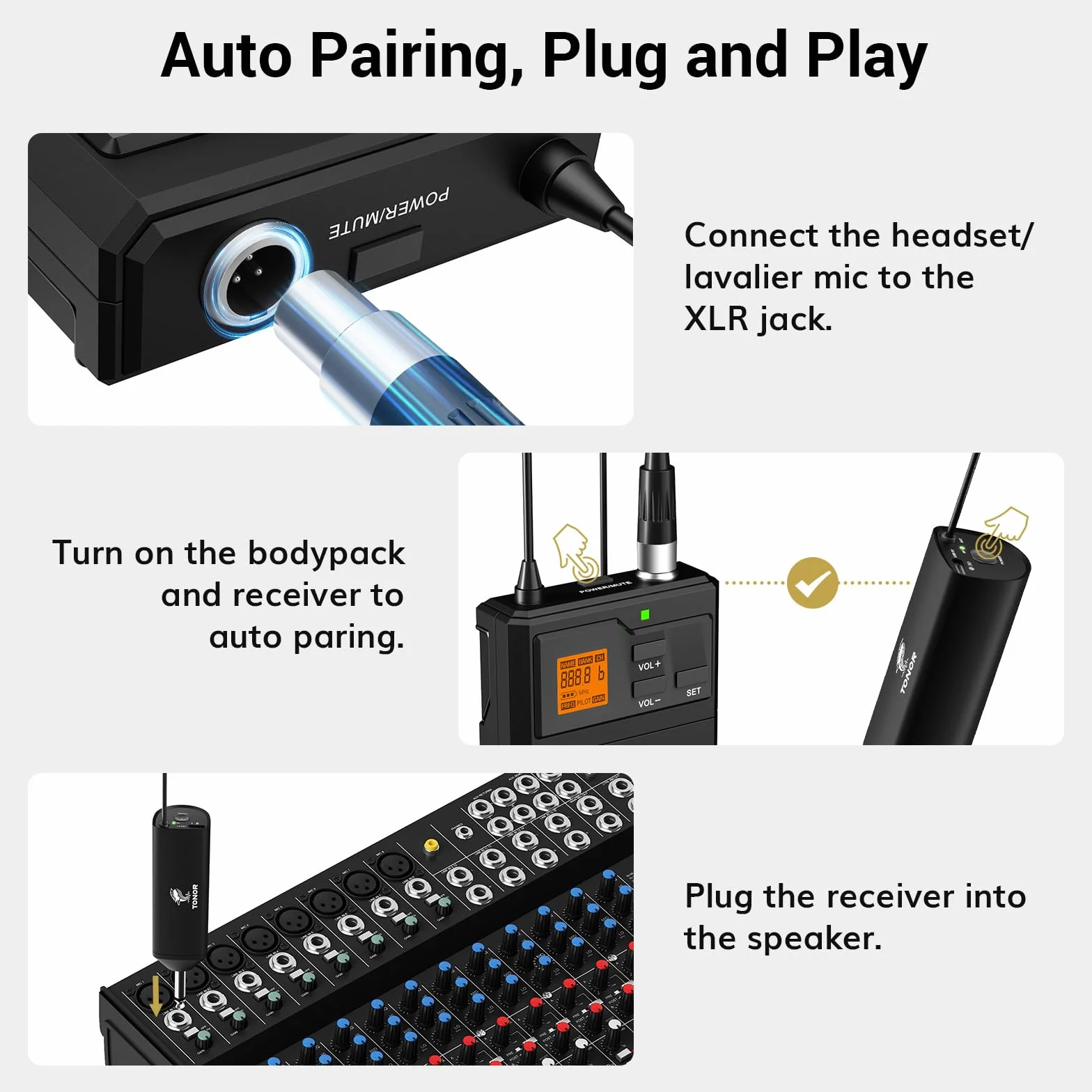 TONOR Microfono Inalambrico UHF con Micrófono Diadema/Lavalier Solapa Bolsillo Mic, Bodypack Transmisor y Mini Receiver 1/4 Pulgadas Salida, 60M para Actuaciones en Vivo Reuniones Lglesia Discurso