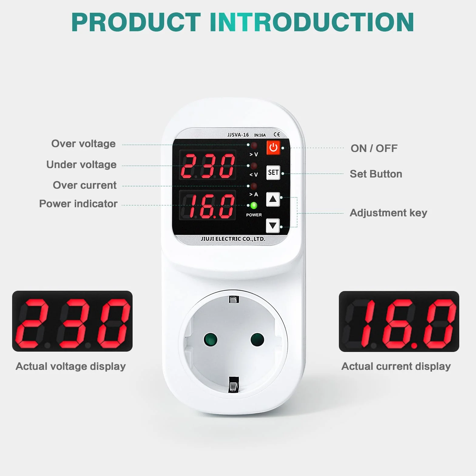 Jadeshay Adaptador de Protección contra Sobretensiones Dispositivo de Protección contra Sobretensión y Subtensión de Recuperación Automática AC220V 16A Protector de Enchufe para Electrodomésticos
