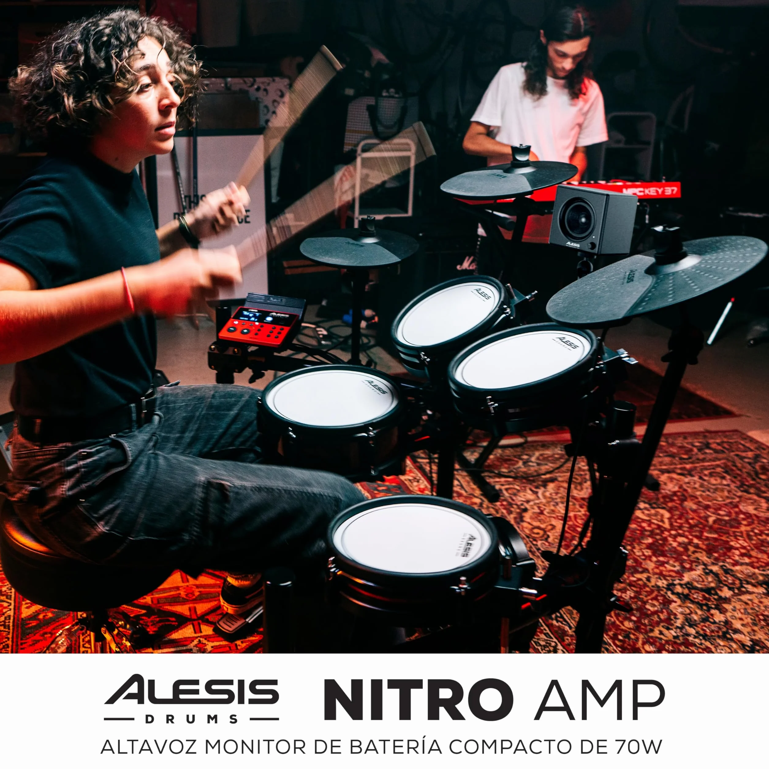 Alesis Nitro Amp - Altavoz Monitor de Batería Electronica Compacto de 3" y 70W para Prácticas y Lecciones, montable en Rack con Las Abrazaderas Incluidas
