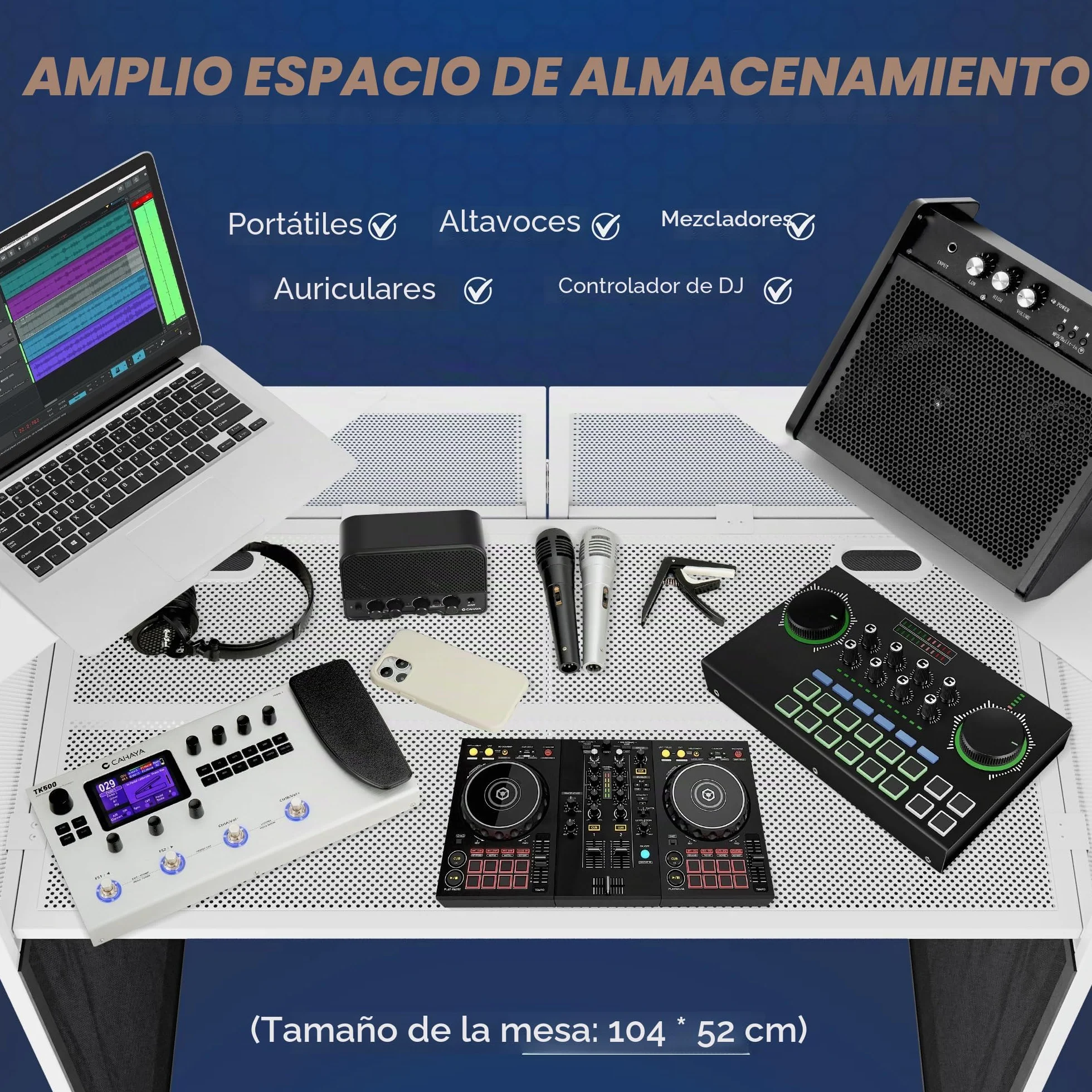 CAHAYA Mesa DJ Portátil Plegable – Cabina DJ con Fundas Negra y Blanca, Estructura Metálica Estable, Gestión de Cables y Bolsa de Transporte, para Controlador y Portátil, 102×51 cm, Blanco