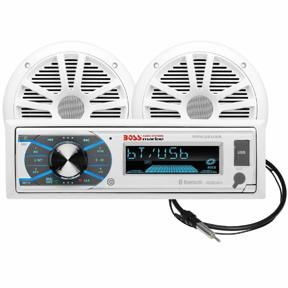 Kit Set Marino para Boss Audio Systems MCK632WB.6 con Receptor estéreo Bluetooth Am/FM MR632UAB, un par de parlantes MR6W, 90 vatios rms 180 vatios máximo, Antena dipolo MRANT10, 1 Kit + Accesorios