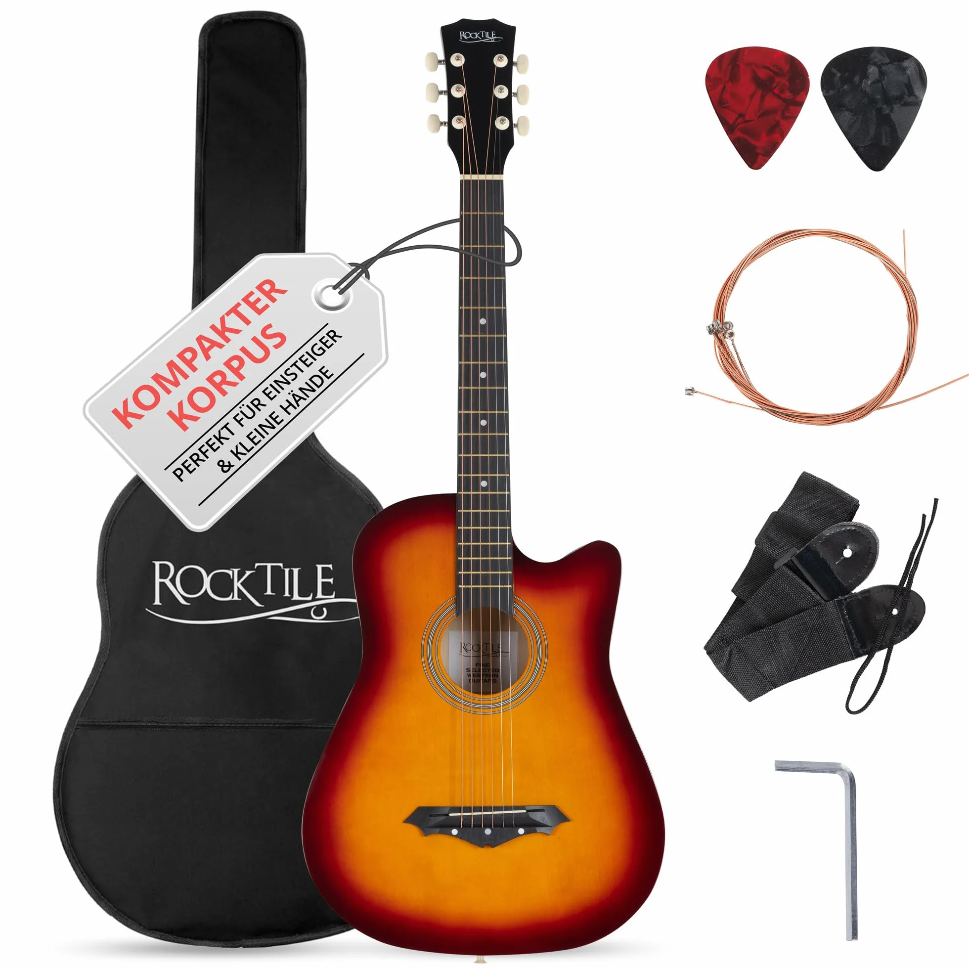 Rocktile WSD-5C-SB Slim Line Westerngitarre Set – Dreadnought Akustikgitarre mit Linde-Korpus, Catalpa-Hals, inkl. Tasche, Ersatzsaiten, Gurt & Plektren – Sunburst.