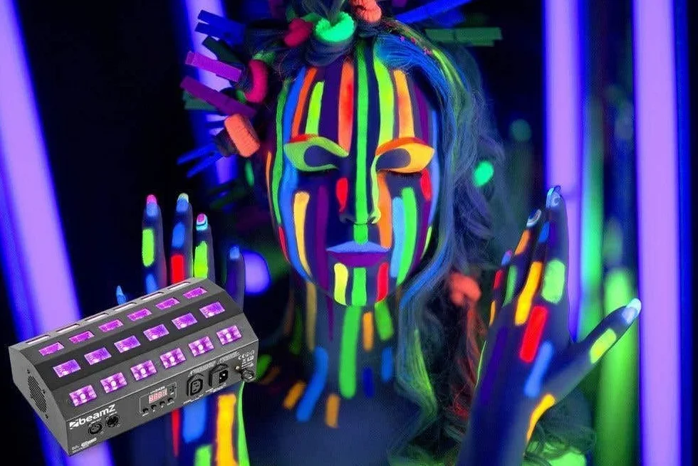 BeamZ BUV463 Lámpara Blacklight, Blacklight Party, 24 x 3 W LED UV con 4 Secciones y Estrobo, DMX UV Spotlight, Blacklight LED, Luz UV, Lámpara Blacklight, Blacklight Disco Neon Party