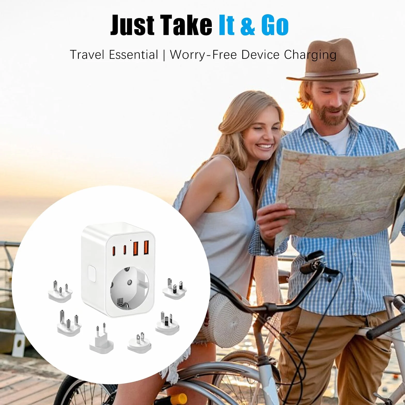 Adaptador de Viaje Universal, 2500W 4 USB (2 USB-C+2 USB-A) con 6 Enchufes Intercambiables A/C/G/I/D/M, para USA, Japón, Reino Unido,Europa,Australia,China,Japón,Sudáfrica