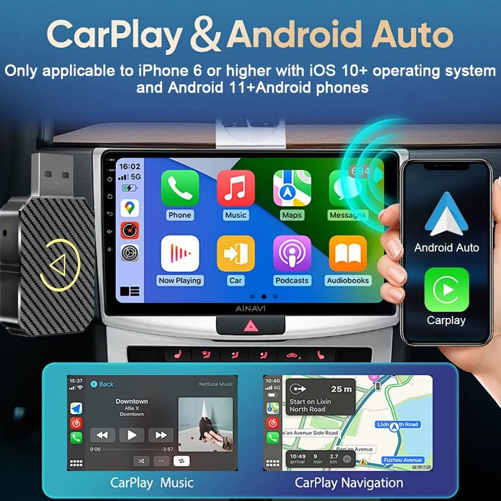 Adaptador Inalámbrico Carplay y Android Auto, Adaptador Carplay Inalámbrico Compatible con iOS 10+/Android 11+, USB C Plug and Play para Coches Después de 2016