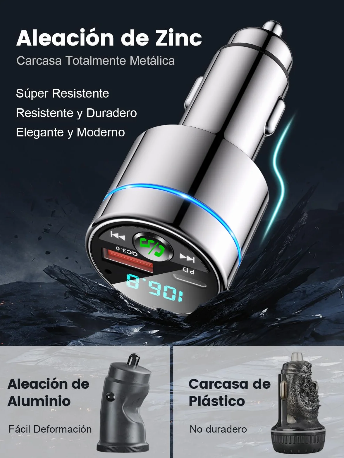 Mohard Transmisor FM Bluetooth Coche 5.3, Metal PD 30W & QC3.0 18W Cargador Coche Rápido, Manos Libres Receptor Música Bluetooth con Cancelación Ruido, con Anillo Luz & Música Alta Fidelida Car