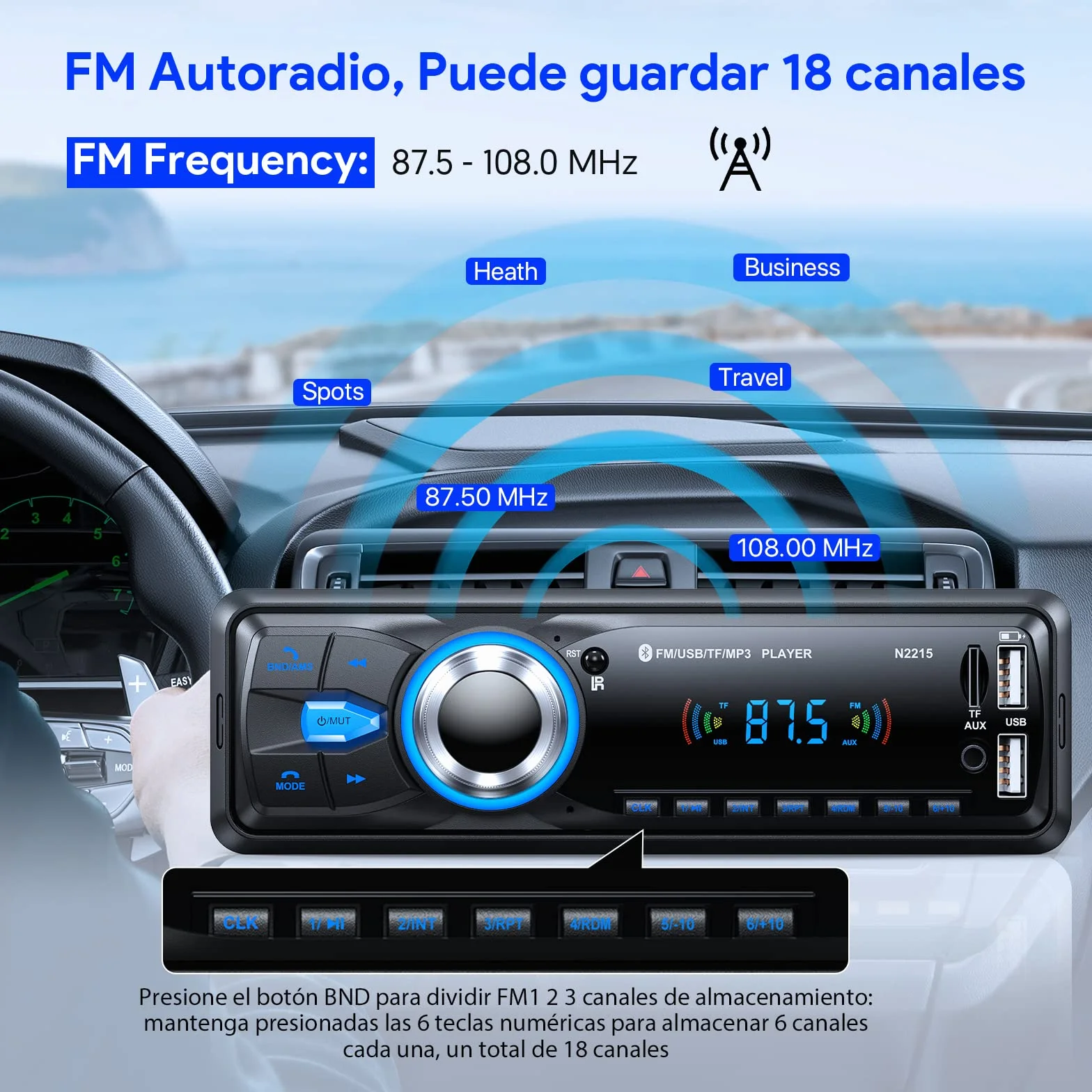 Radio Coche Bluetooth 5.0 Manos Libres, Chismos Autoradio Coche Bluetooth Pantalla1 DIN FM Radio soporta MP3/AUX/2USB/Control Remoto/Carga Rápida (Sin RDS/CD/DVD)