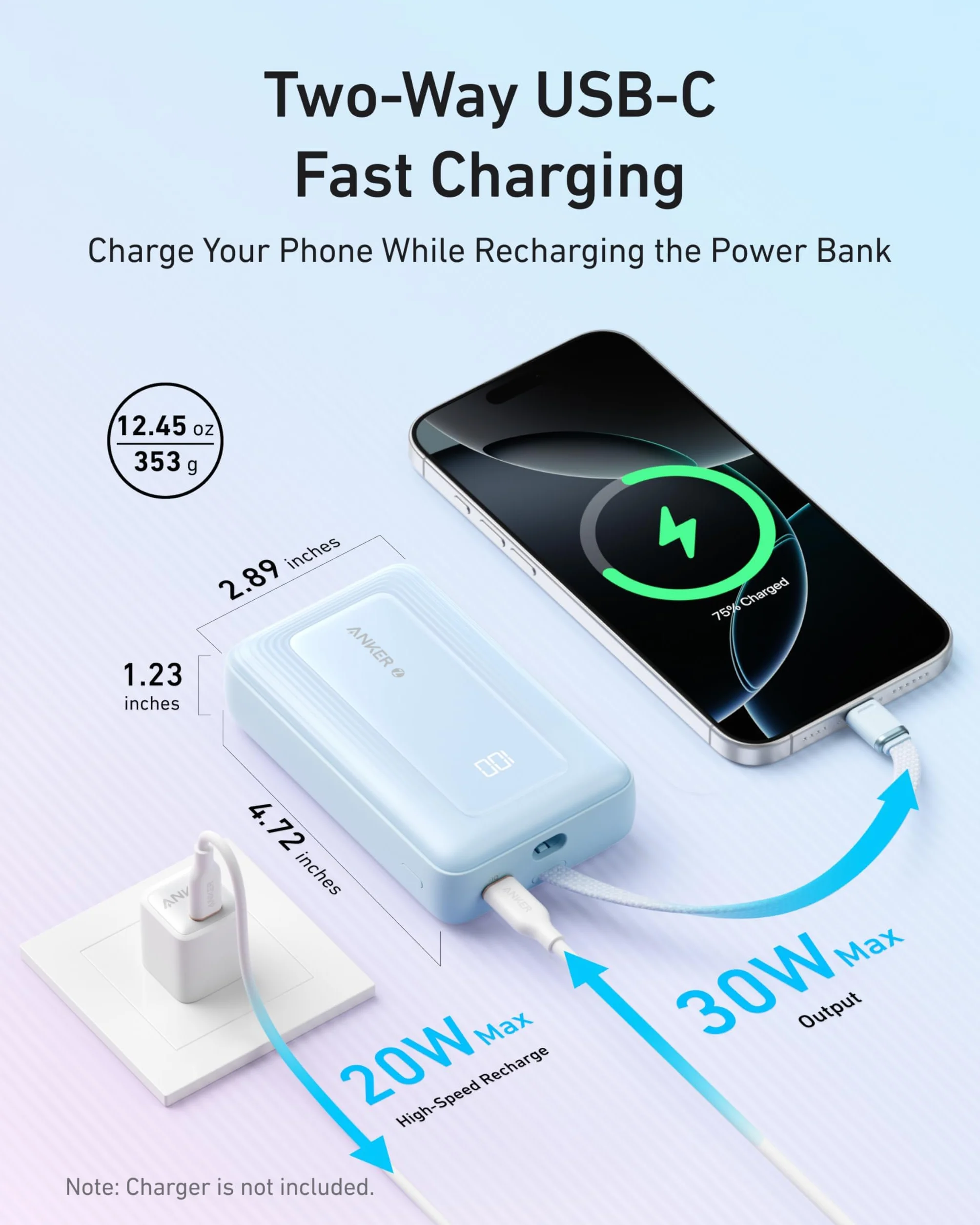 Anker Power Bank 20000mAh Cargador Portátil 30W Carga Rápida USB C iPhone 17/16/15 AirPods