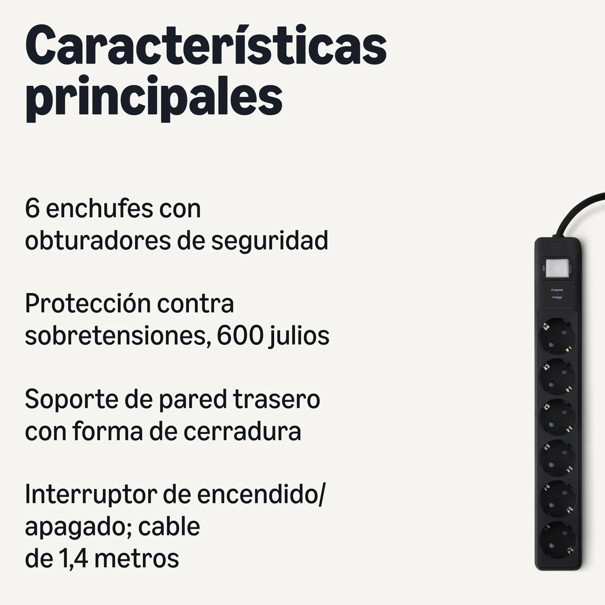 Amazon Basics regleta con 6 tomas y protección contra sobretensiones, extensión de enchufes, tapas de seguridad, cable de 1,4m, 6 enchufes, 600 J, color negro