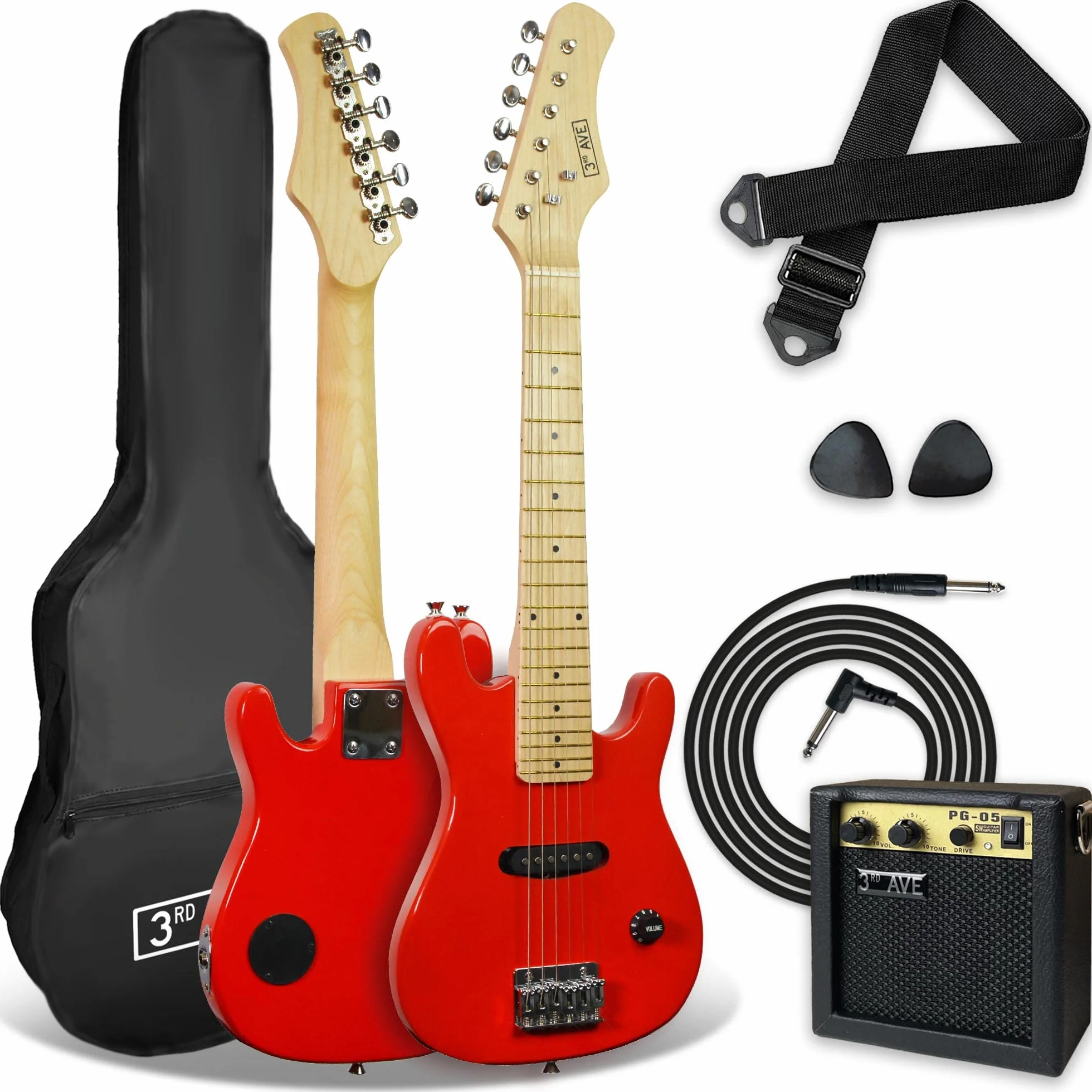 3rd Avenue Pack de guitarra eléctrica de tamaño 1/4 para niños principiantes de 3rd Avenue, amplificador portátil de 5 W, cable, funda de transporte, púas y correa, Rojo