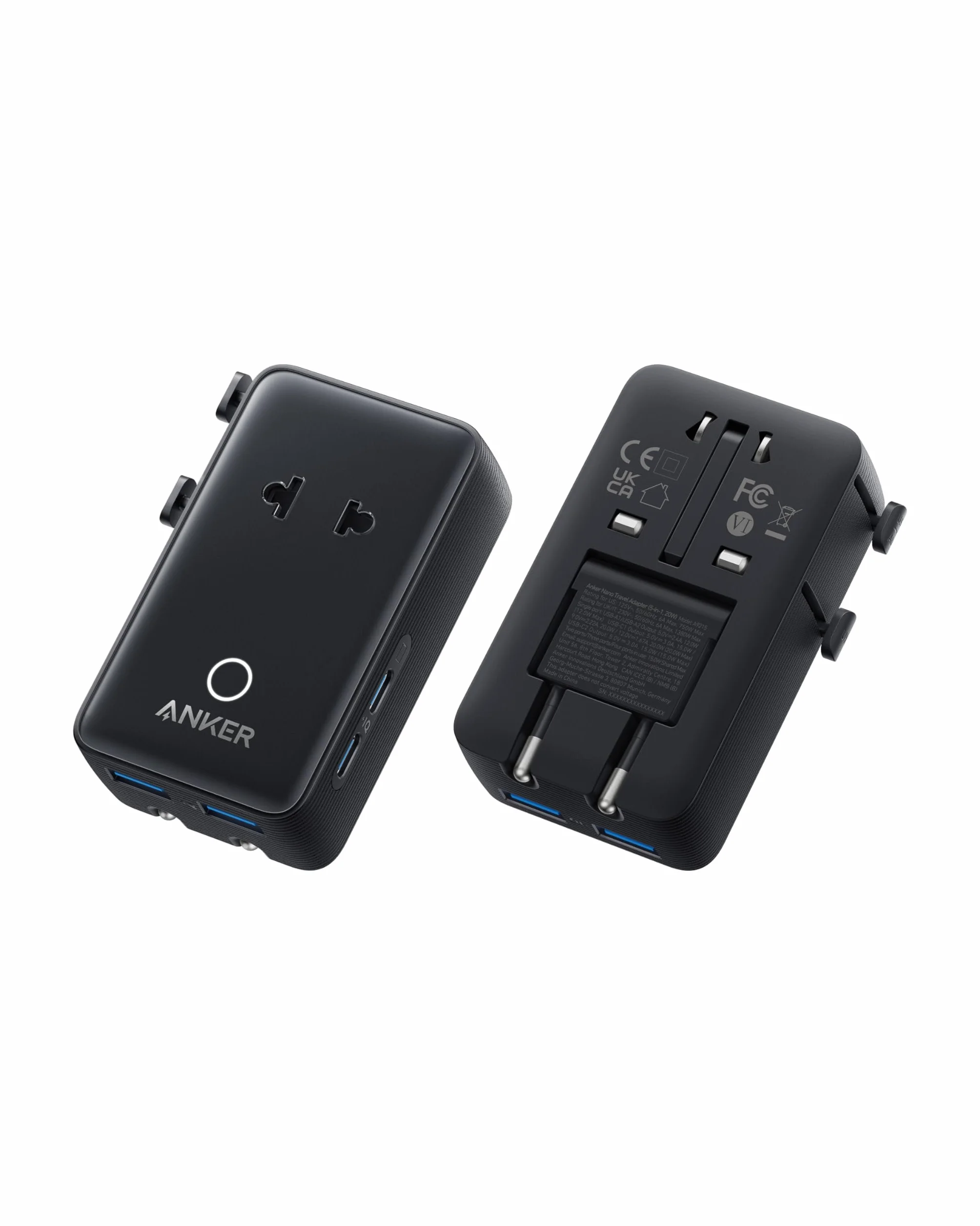 Anker Nano Adaptador Enchufe Universal de Viaje, 5 Puertos USB con 1 Puerto CA, 2 USBA y 2 USBC, Control de Temperatura