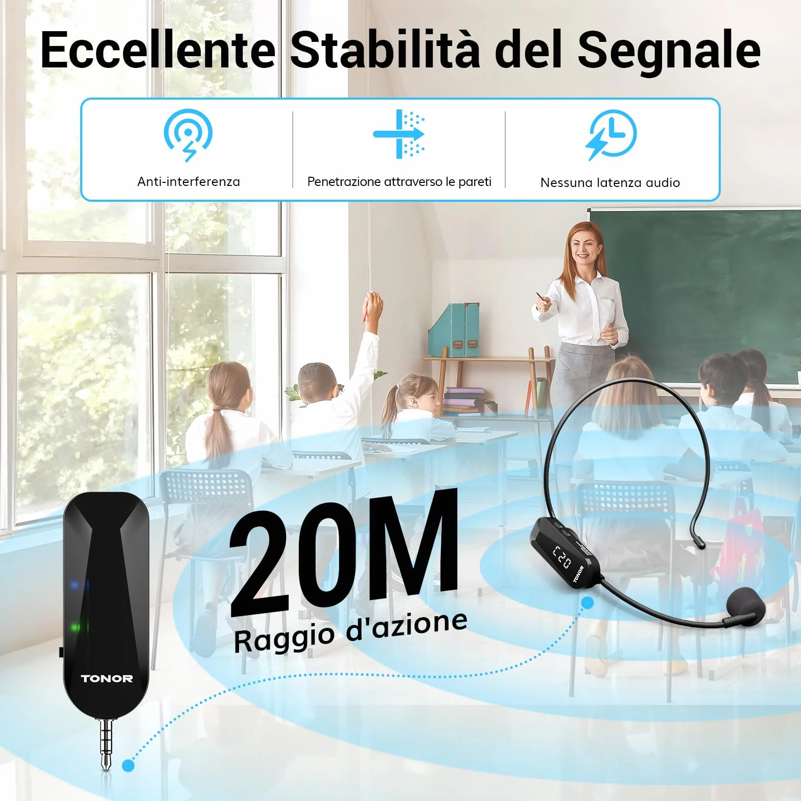 TONOR Microfono Inalambrico Diadema, UHF Wireless Micrófono de Mano y para la Cabeza 2 en 1, 20 Canales,6.5H Autonomia, Amplificador de Voz Portatil para Fitness/Conferencias/Guía Turístico/Profesores