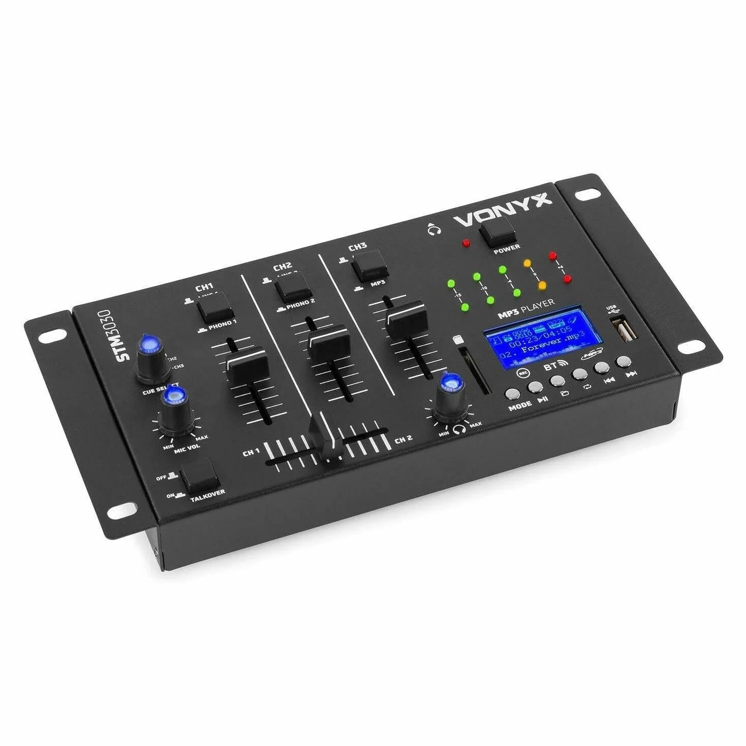 Vonyx STM3030 - Mezclador de 4 canales con reproductor de MP3 USB y tarjetas SD, conexión Bluetooth, funcion grabación en Wav, entrada para 2 micrófonos, talkover, 2 canales linea/phono, función cue