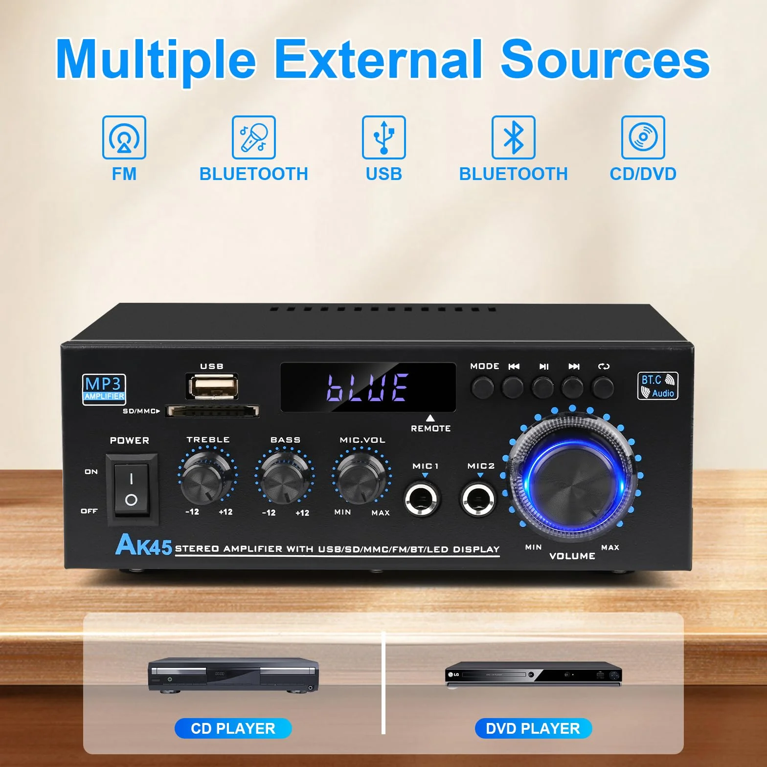 Romicta Amplificador Audio HiFi Estéreo 600W 2 Canales, Bluetooth 5.0, 12V/220V, Pantalla LCD, Alta Fidelidad, Radio FM Portátil, Entrada SD/USB, para Hogar o Coche