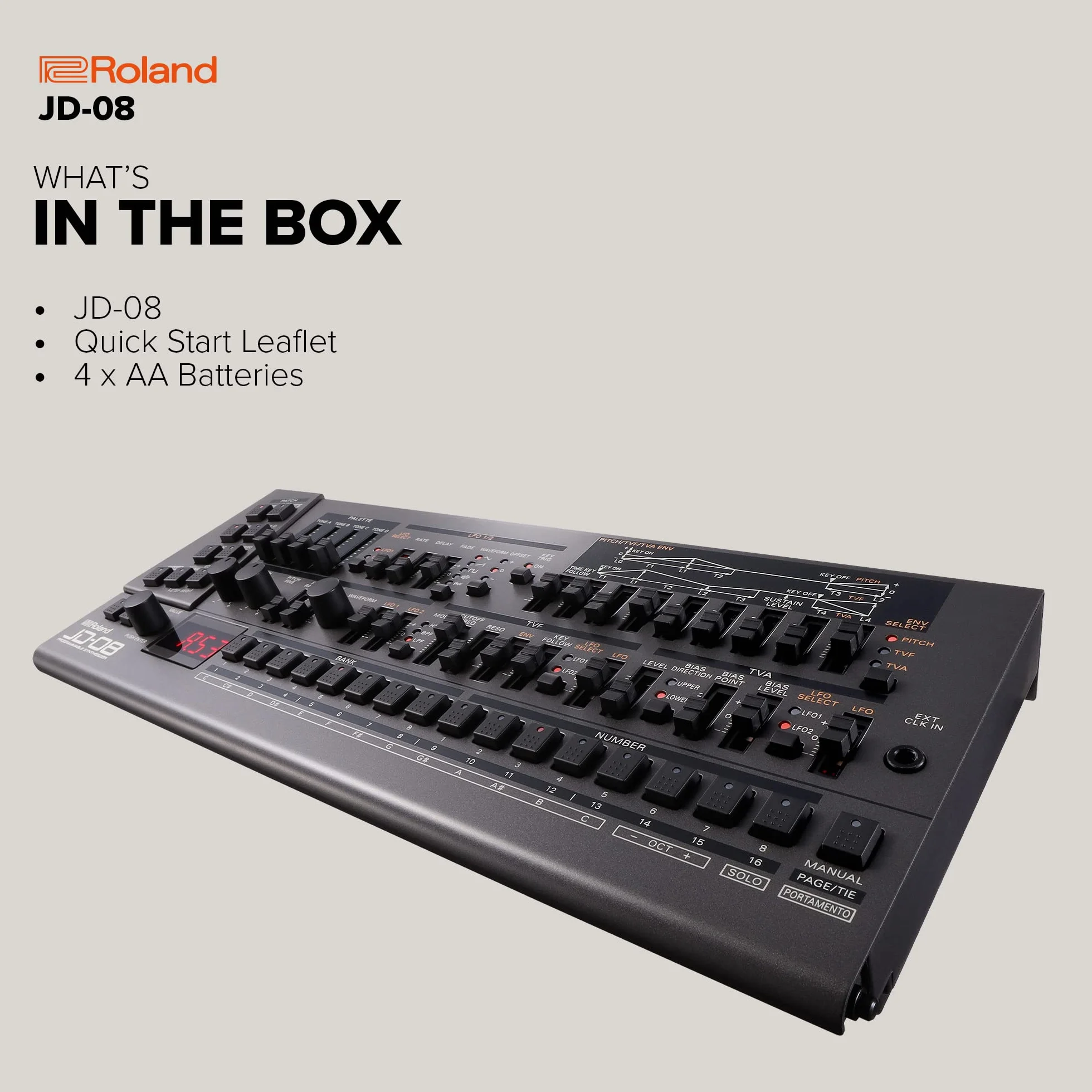 Sintetizador Boutique y módulo de sonido Roland JD-08 – Reedición moderna y compacta del mítico Roland JD-800 de los 90 con nuevos efectos, secuenciador polifónico y más – Ligero, portátil