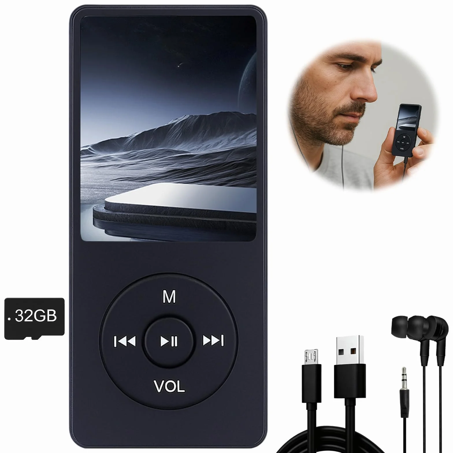 Reproductor MP3 32GB Bluetooth 5.3 Pantalla TFT 1,8 Pulgadas Auriculares Altavoz Libro Electrónico Grabación 128GB
