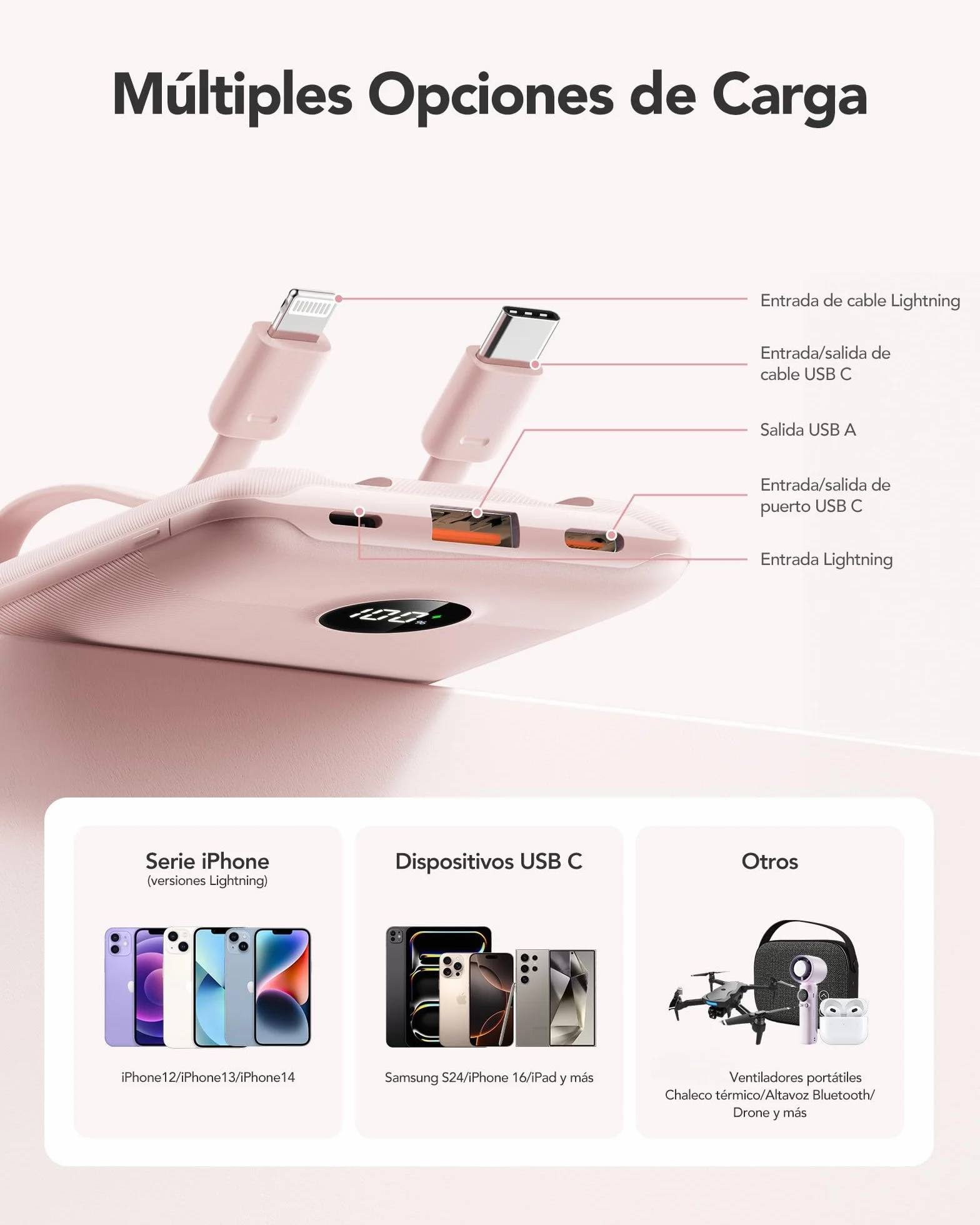 Mini Cargador Portátil para iPhone 10000mAh Slim PD 22.5 W de Carga Rápida con Cables Integrados, Viaje Esencial USB C Batería Pequeña Compatible con iPhone y Android (Rosado)