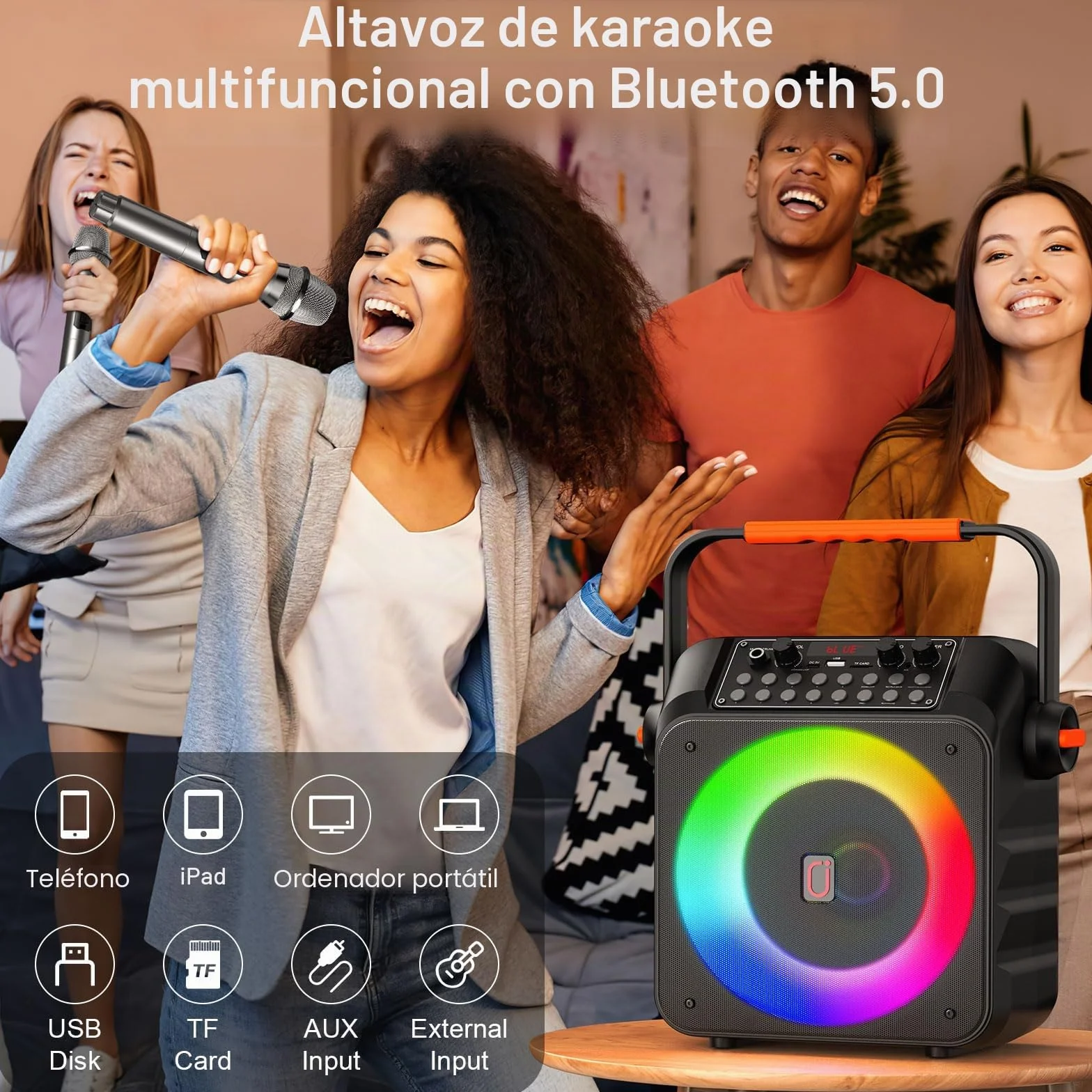 HWWR Karaoke Profesional Inalámbricos, Máquina de Karaoke Portátil con Micrófonos Inalámbricos para Adultos y Niños, Luces LED,USB/TF/AUX/Rec, Karaoke Compatible con Android/iPad/TV/PC