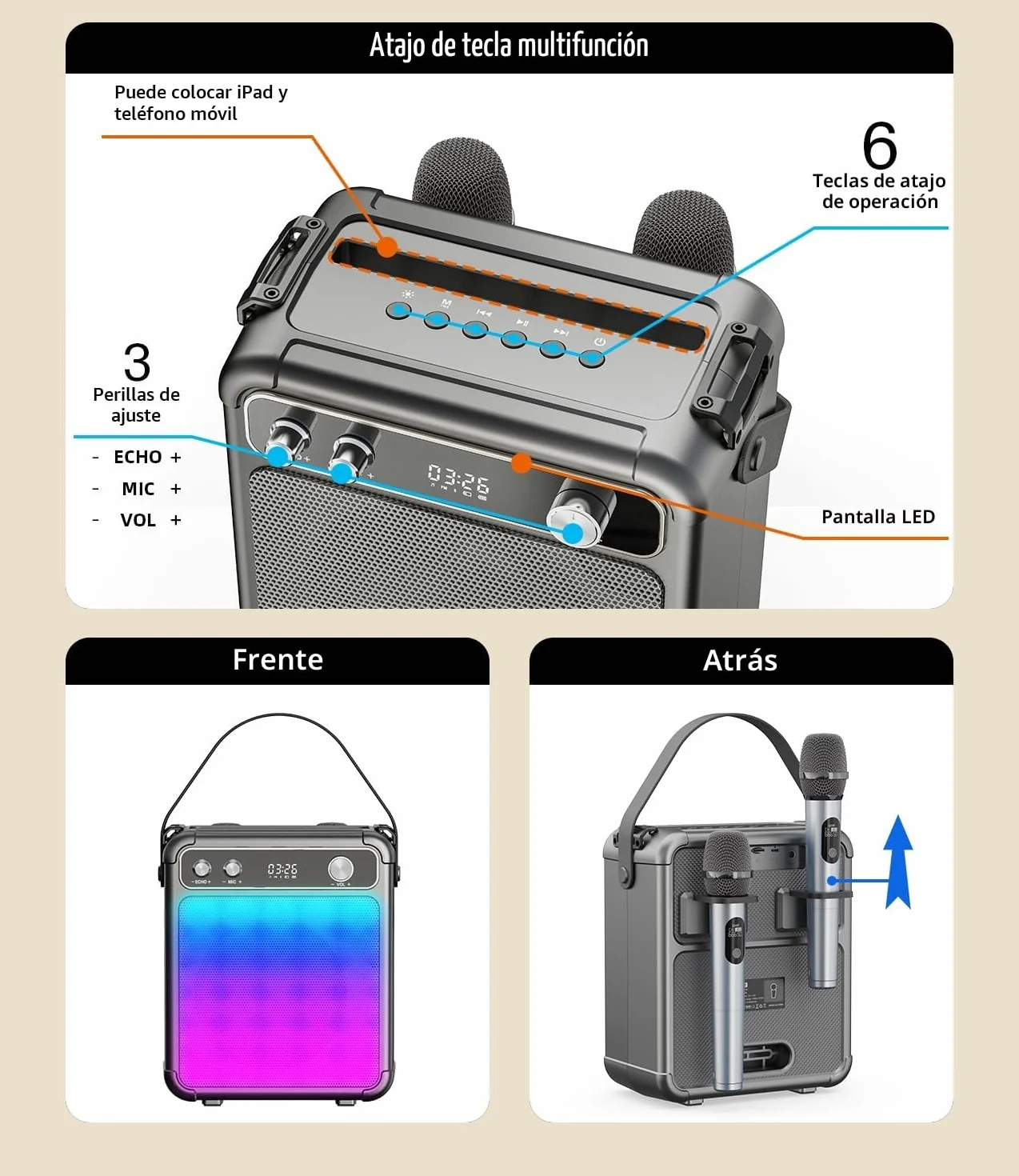 Máquina de Karaoke con 2 micrófonos inalámbricos, Altavoz Karaoke Profesional para Adultos, Bluetooth portátil con Luces LED,para Fiestas,Regalo,al Aire Libre.Sostener TF/USB/TWS/Mic/AUX
