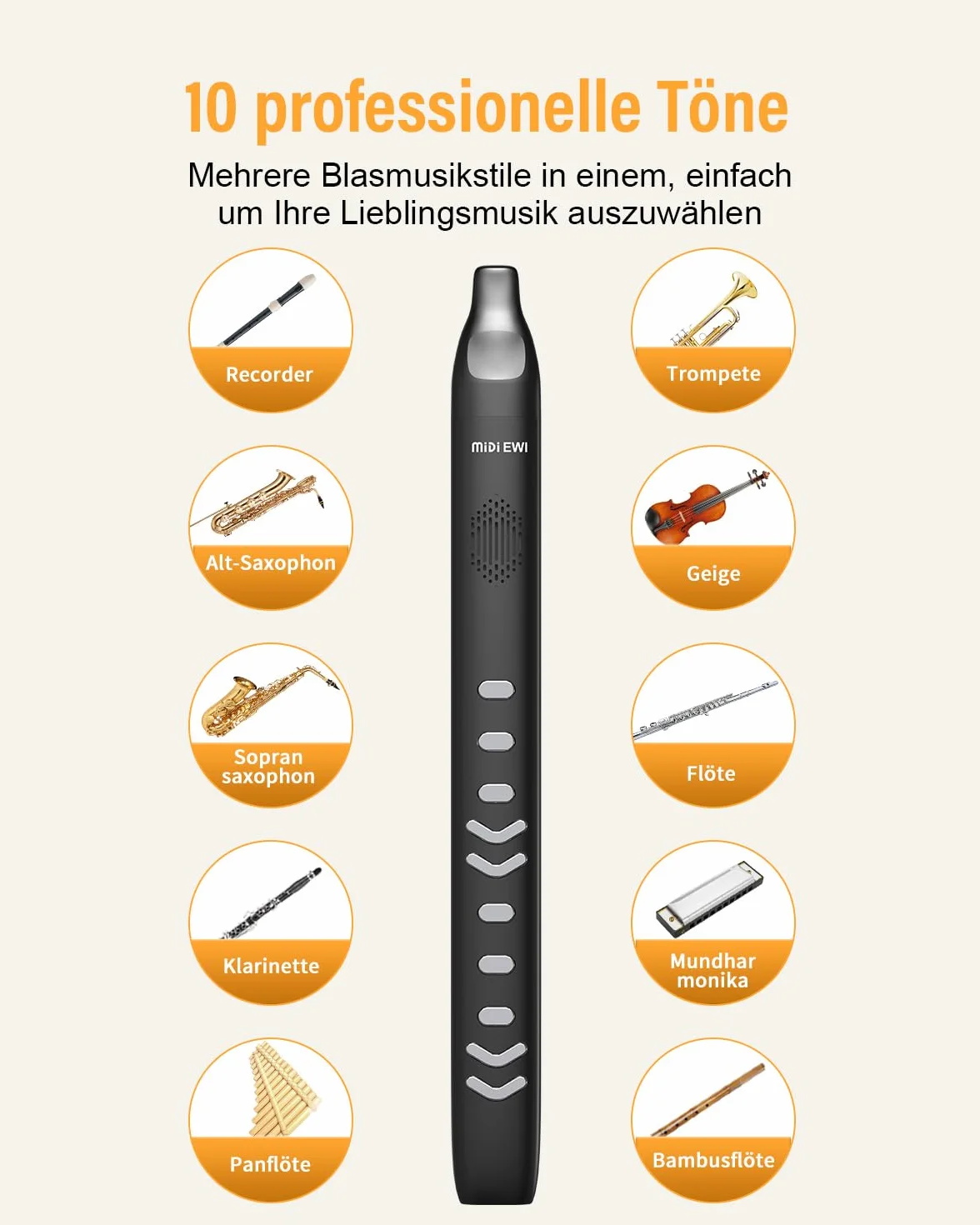 Instrumento de Viento Digital Eléctrico Negro - Compatible con Bluetooth MIDI - Con Cable de Alimentación