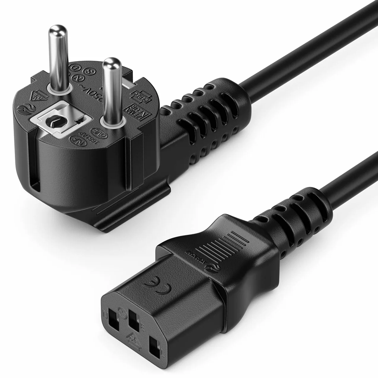 deleyCON 2m Cable Alimentación Tipo F (CEE 7/7) 90° Acodado a C13 Hembra Negro