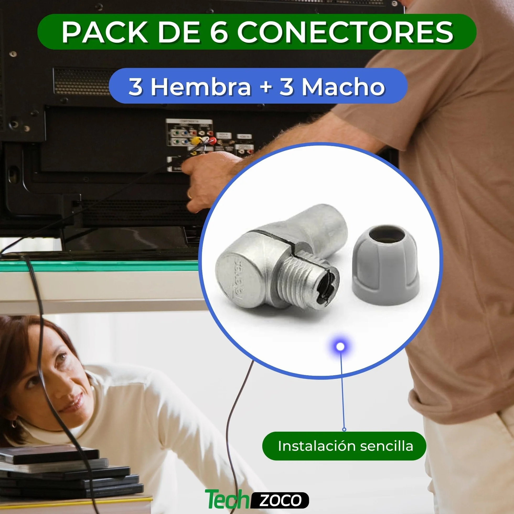 TECHZOCO Pack de 6 Conectores Coaxiales IEC para Cable de Antena de TV, CEI Acodado Blindado, 3 Machos + 3 Hembras, 6.9mm Diámetro