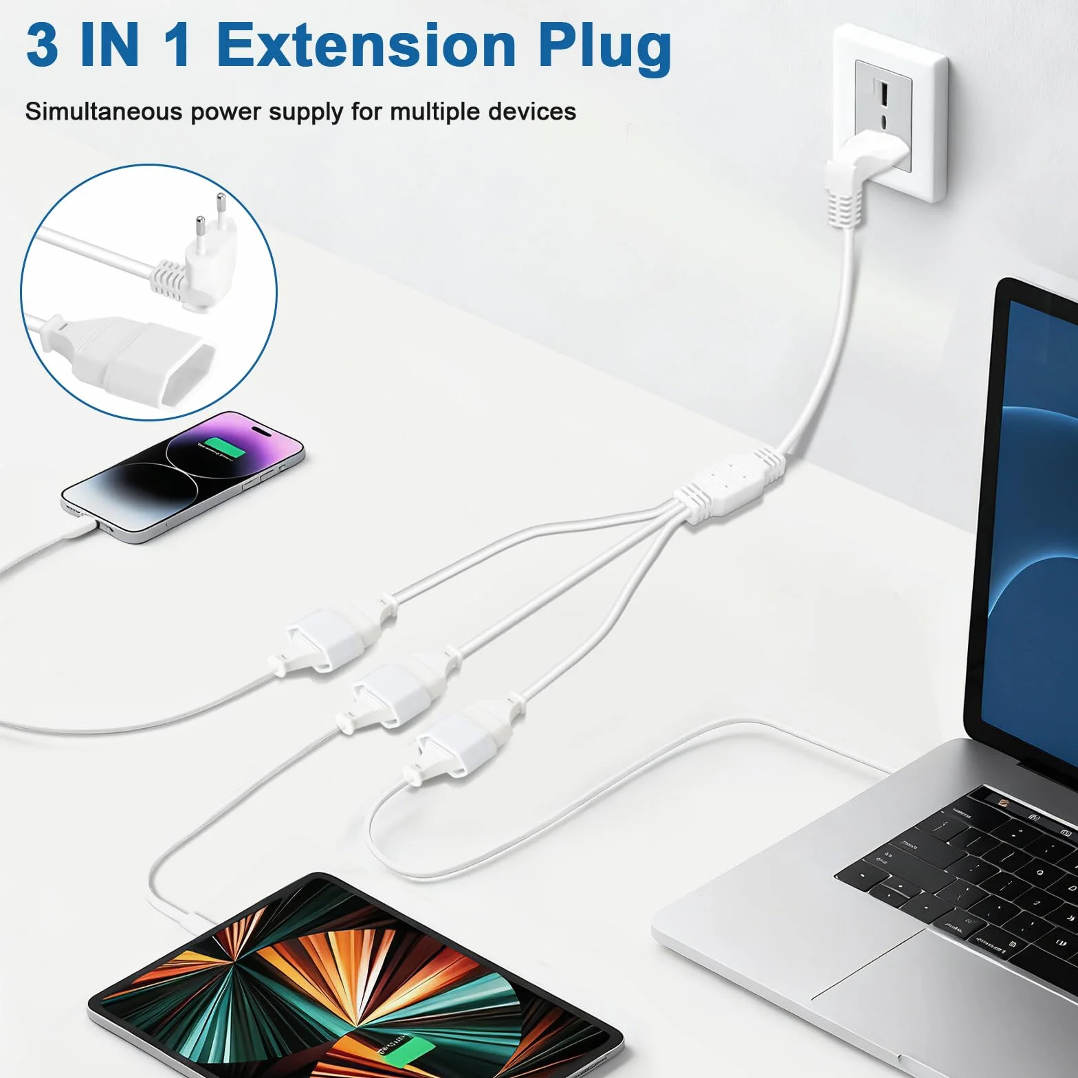 VINATO Alargador Enchufe 3 en 1 0.5 Metros Extensión Eléctrica 3 Tomas Europeas 250V 2.5A Cable Plano