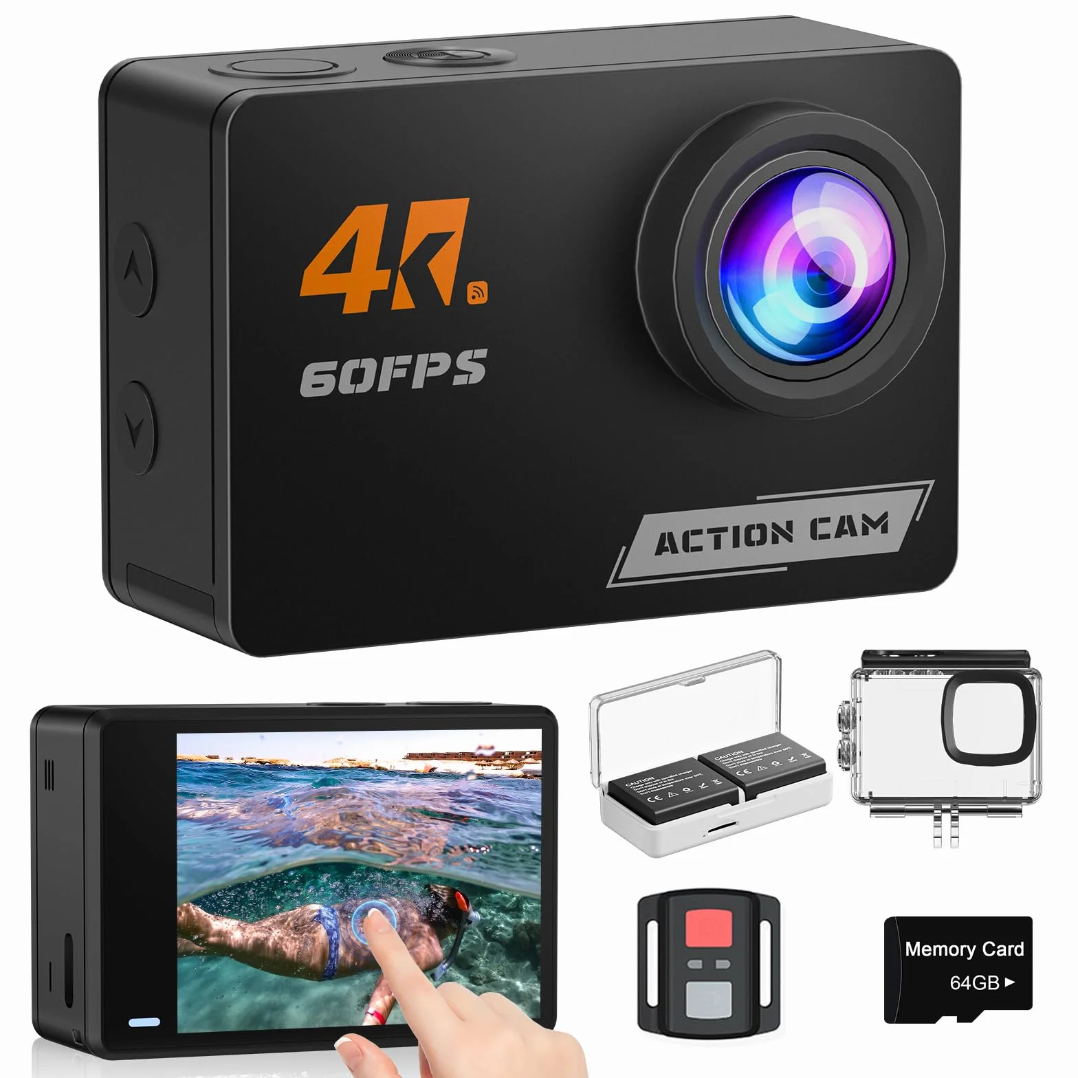 Cámara Deportiva 4K 60FPS WiFi EIS Antivibración 48MP Subacuática 40M 8X Zoom 64GB 2 Baterías 1350mAh