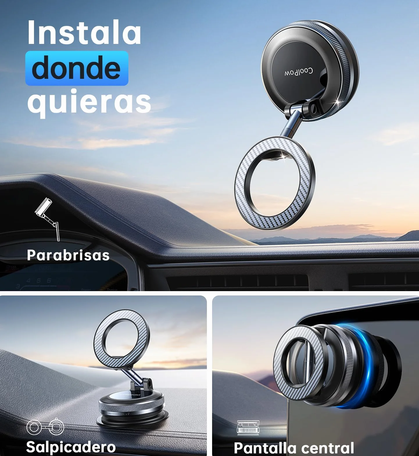 Coolpow Soporte Móvil Coche Magsafe 360° Ajustable Magnético Ventosa Potente para iPhone 17 16