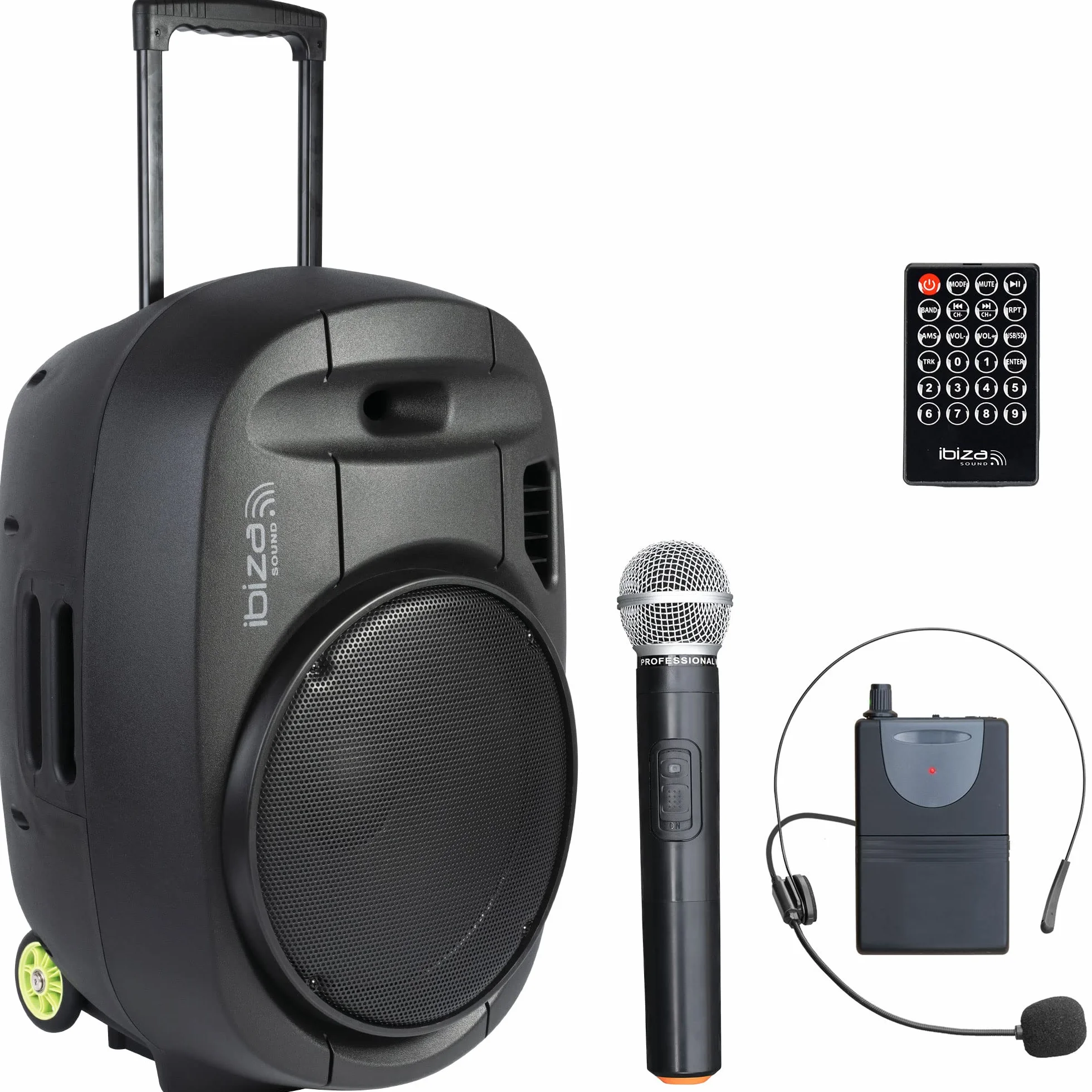 Ibiza - PORT15VHF-MKII-TWS - Altavoz portátil 15"/800W MAX con 2 micrófonos (VHF), Mando a Distancia y Funda Protectora - Bluetooth, USB, SD & TWS - 6 a 8h de autonomía