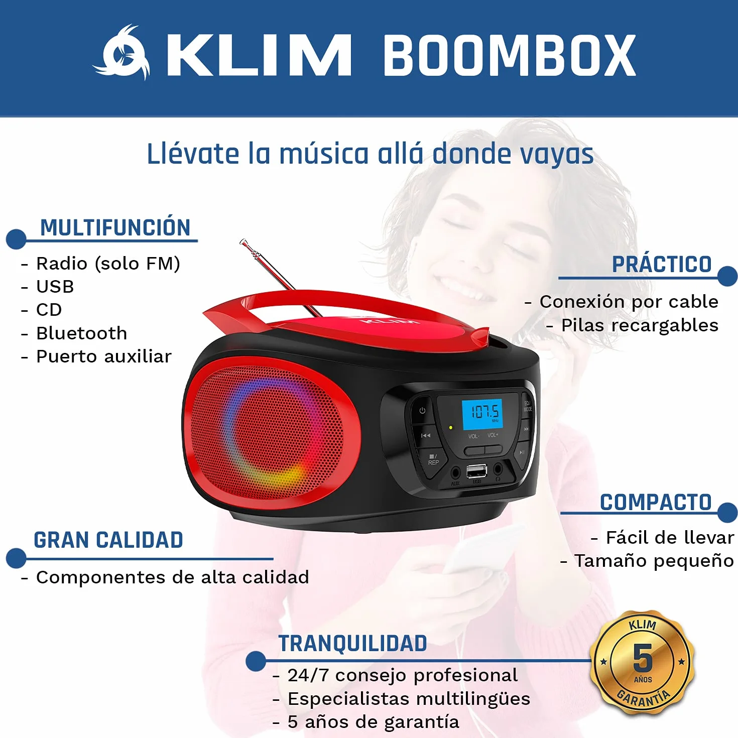 KLIM Boombox Radio CD Portátil Bluetooth MP3 USB AUX FM Reproductor Pilas Recargables Rojo