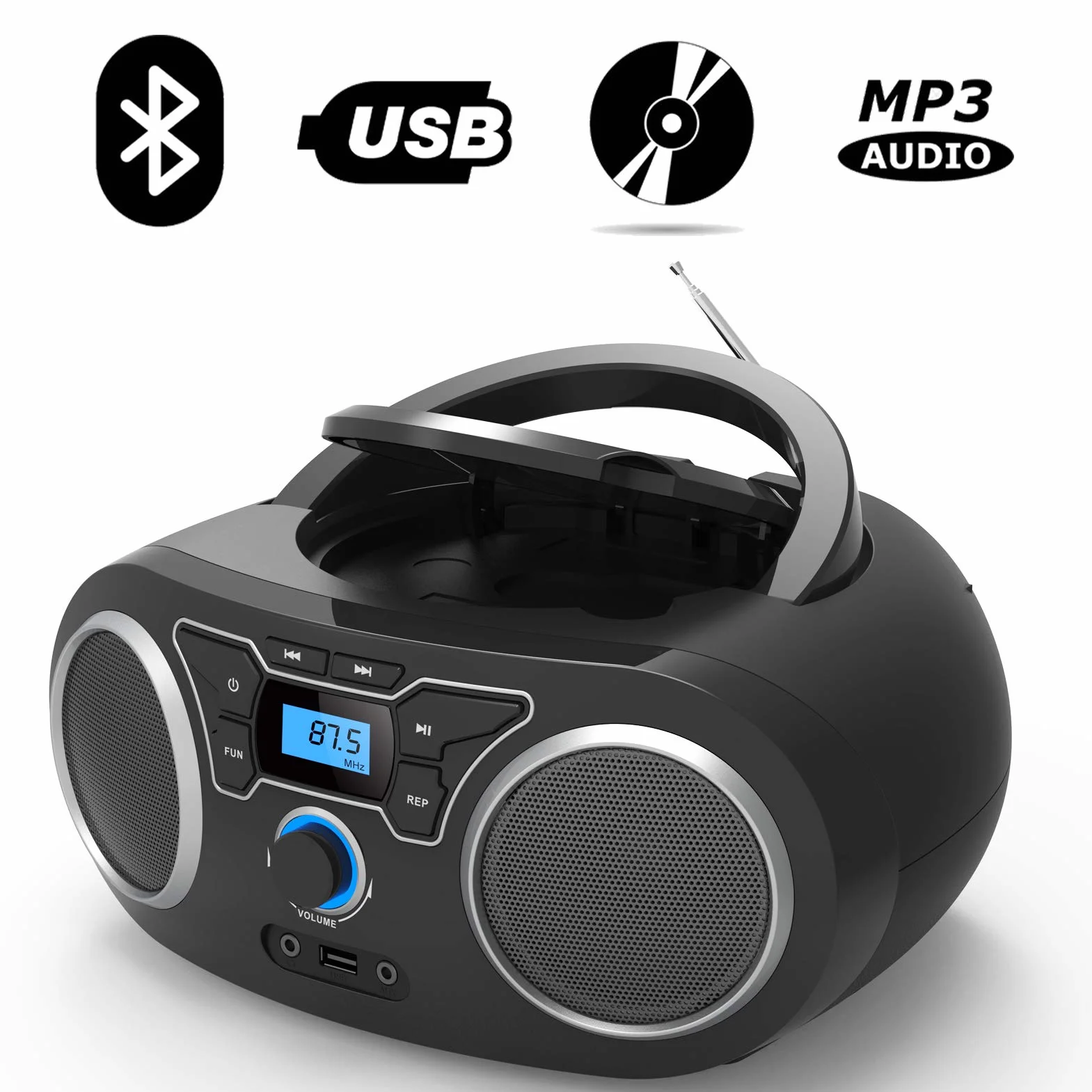 Reproductor de CD, portátil con Bluetooth, Radio FM portátil estéreo con Sonido cristalino, reproducción de CD MP3, Entrada USB/AUX, CD para niños
