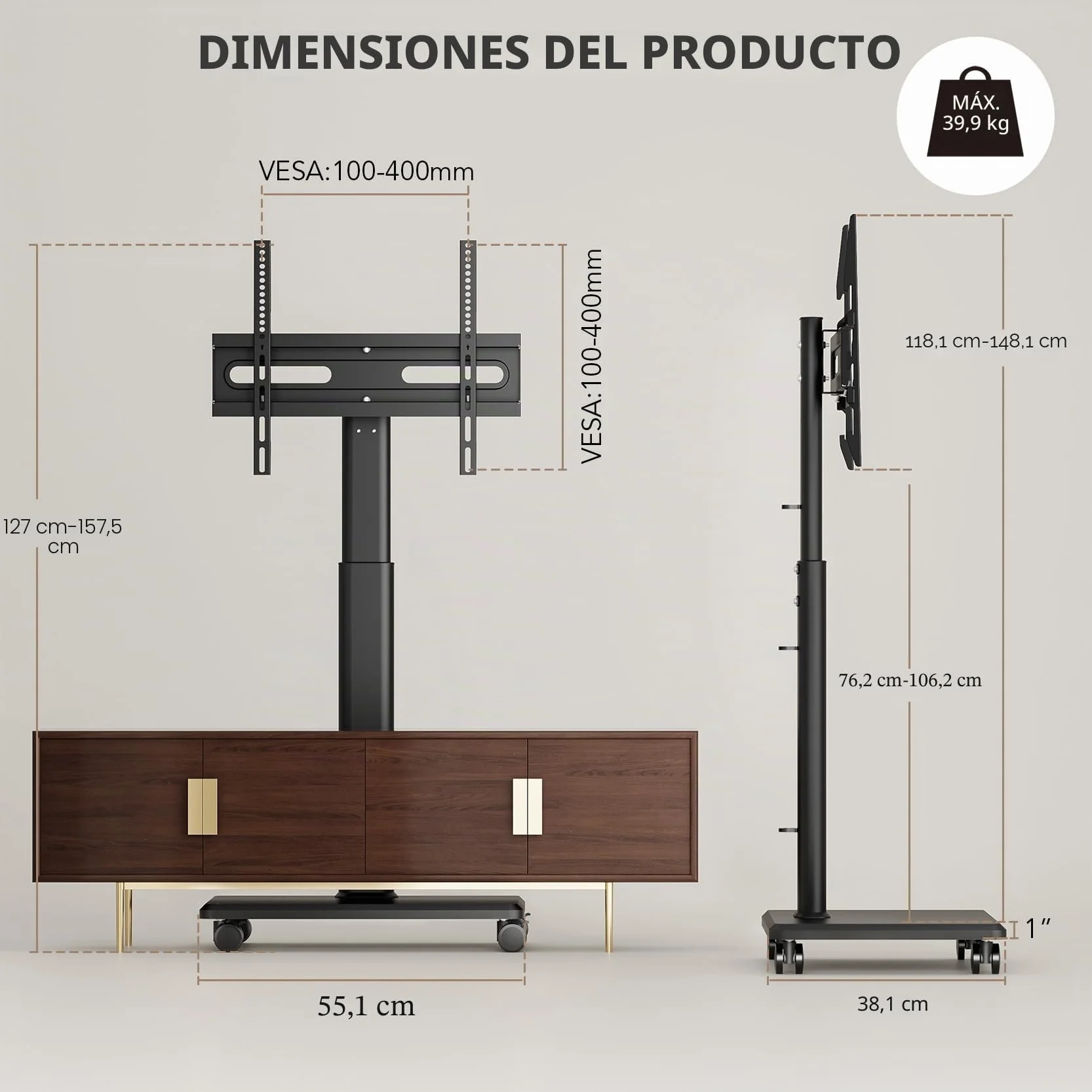 Soporte universal para TV de suelo con ruedas, ajustable en altura, giro 80°, para TV LCD LED OLED 27-65 pulgadas, 40 kg