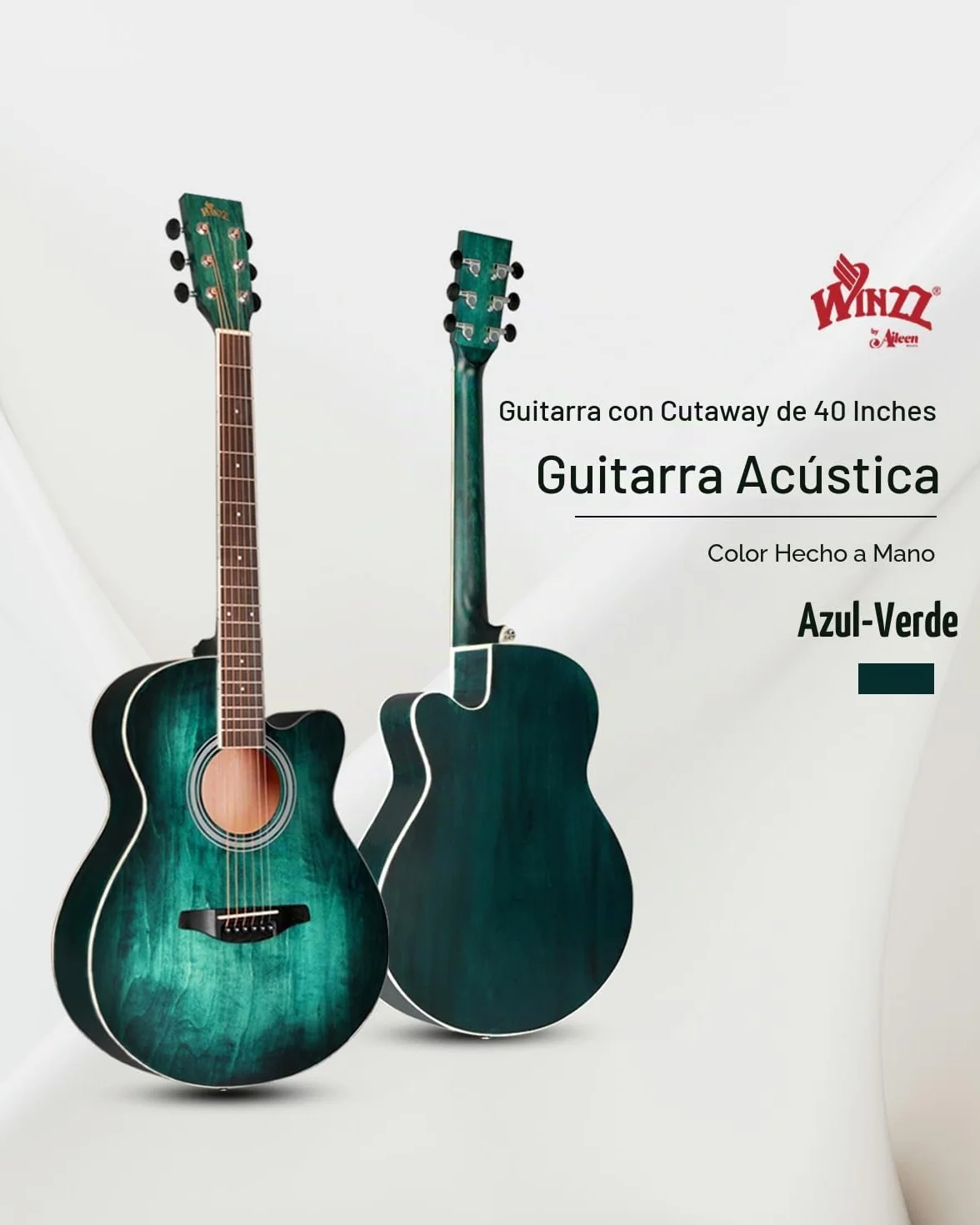 Winzz 40 Pulgadas Guitarra Acústica con Cuerdas de Acero para Principiantes Adultos y Estudiantes, Elegante Diseño de Color Único (Azul-Verde)