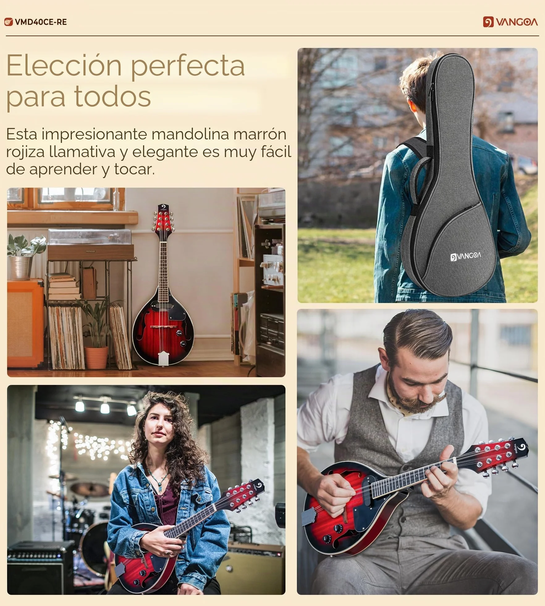 Vangoa Mandolina Eléctrica Acústica de Estilo A Instrumento de Mandolina para Principiantes Caoba Rojo con Bolsa de Concierto, Púas, Correa de Sintonizador de Cuerdas