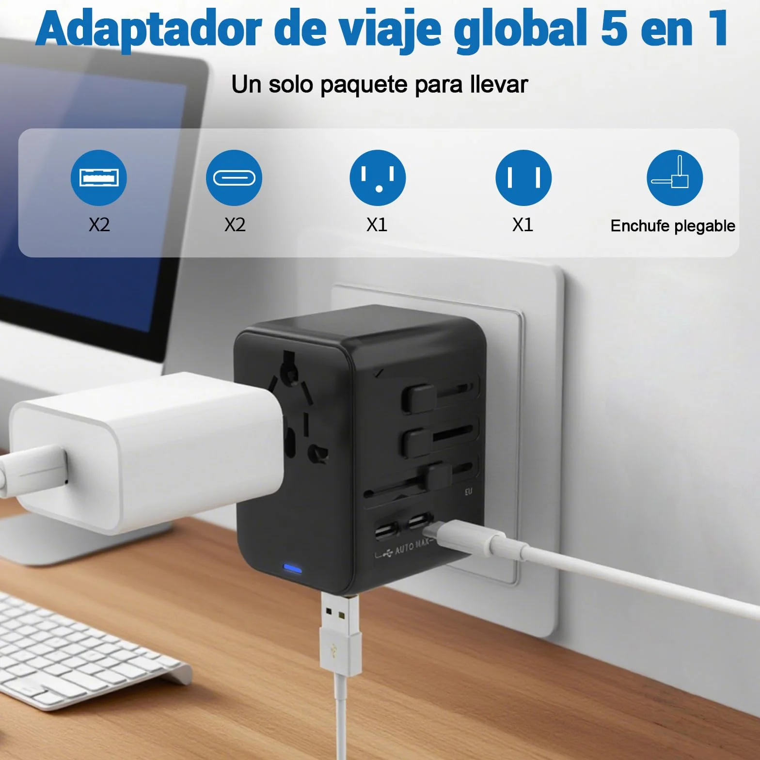 Adaptador Enchufe Universal Adaptador de Viaje con 2 USB-C y 2 USB-A, Enchufe USB Adaptador Universal para EU, UK, Americano, Canadá, Australia,Brasil,Argentina& 200+País