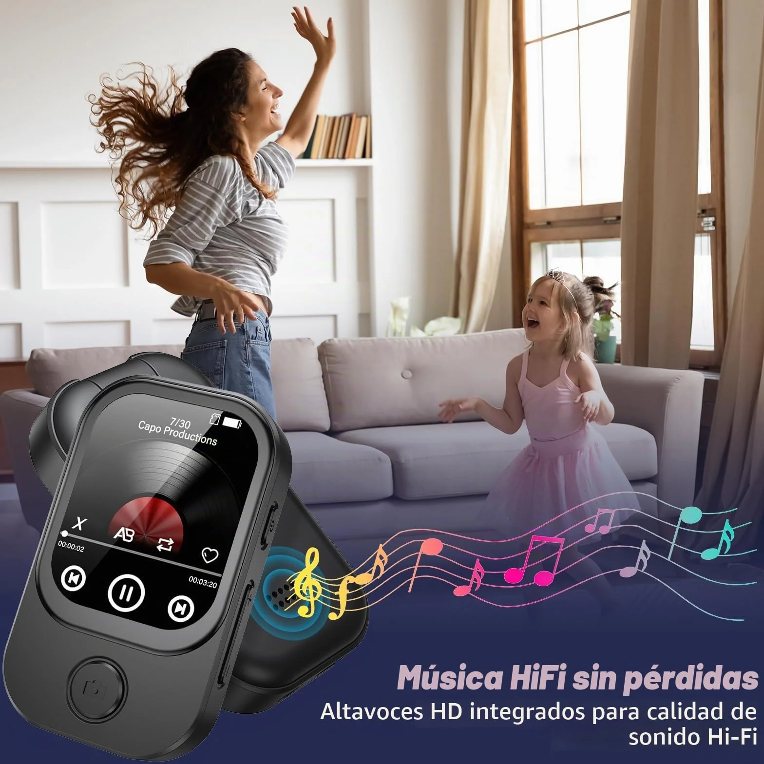 Reproductor MP3 Bluetooth 5.4 64GB Cámara Abatible 180° Altavoz HD Radio FM eBook Negro
